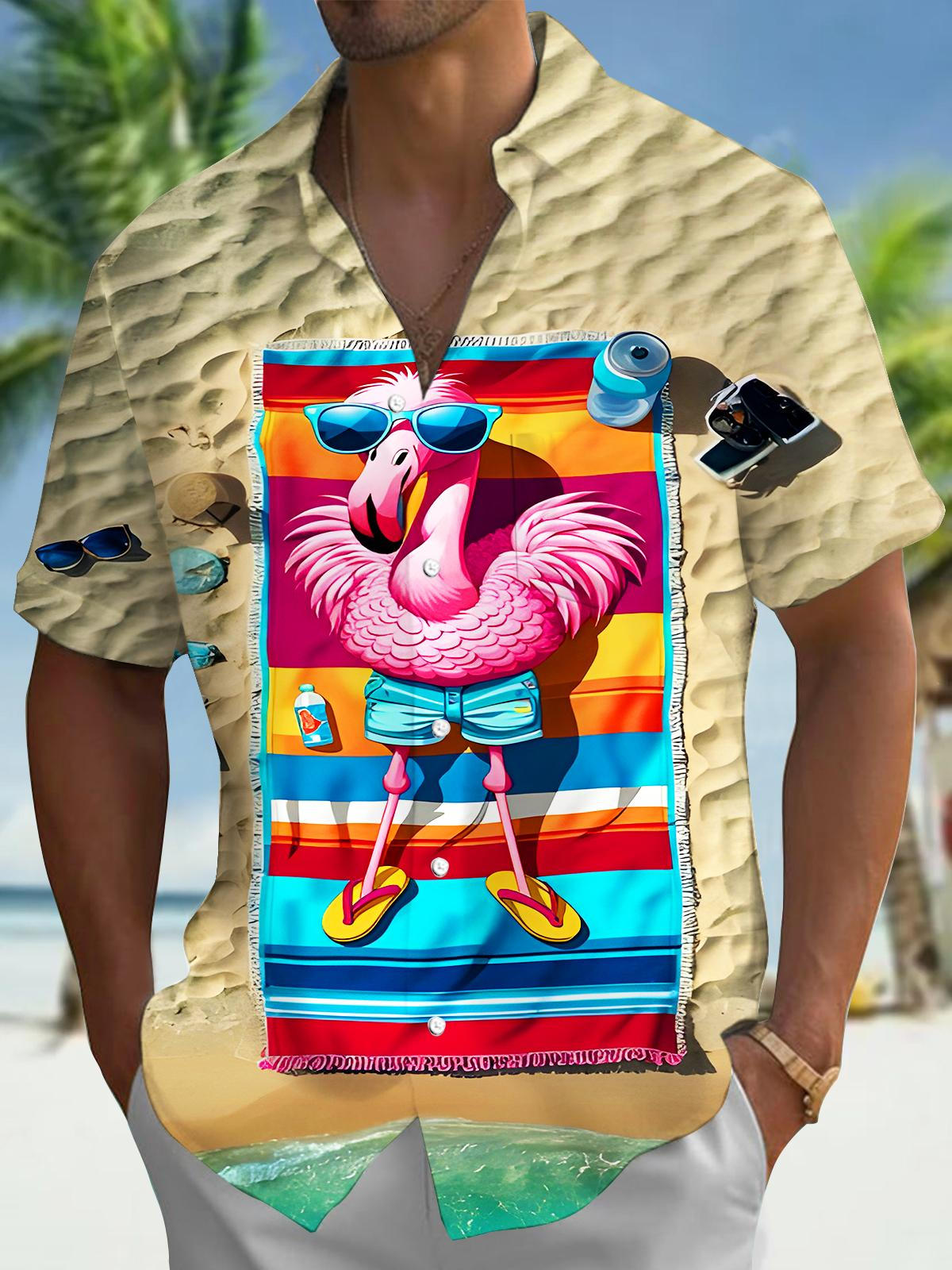 Fun Beach Flamingos Men's Pocket Short Sleeve Shirts