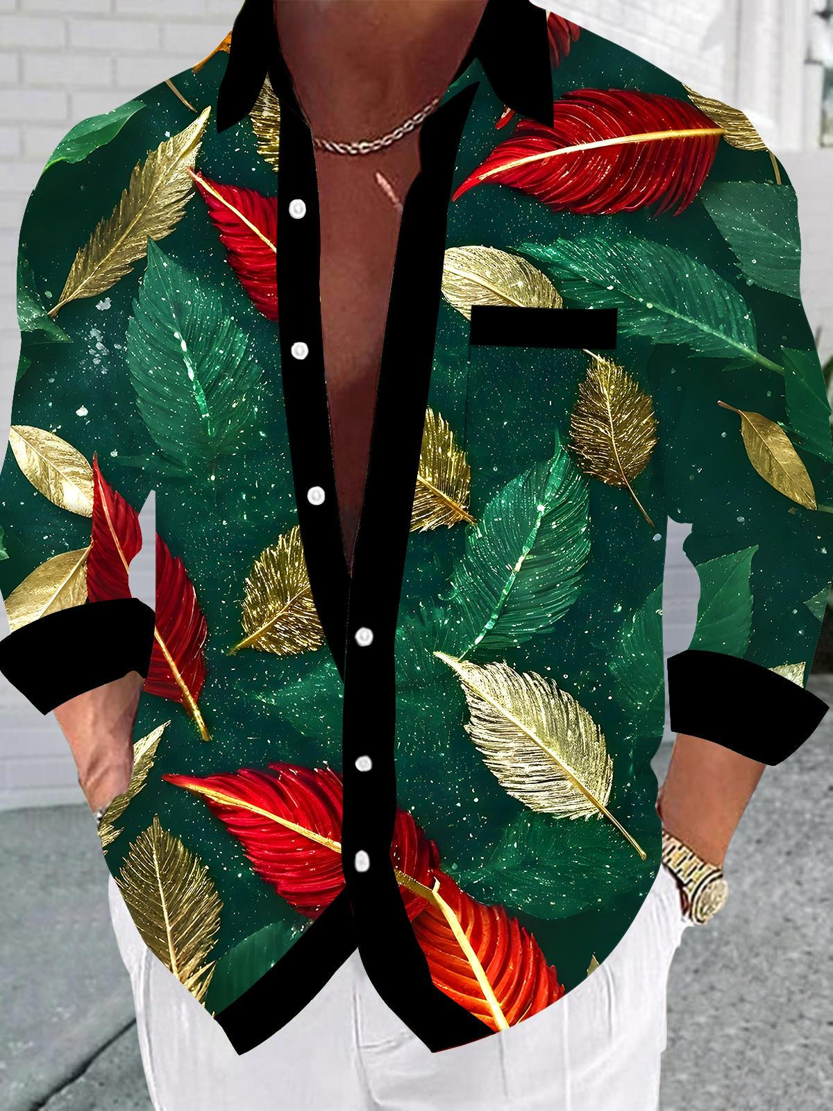 Christmas Leaf Men's Pocket Long Sleeve Shirts