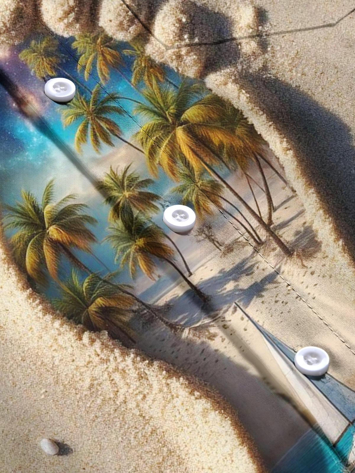 Hawaiian Coconut Palm Beach Footprints Men's Pocket Short Sleeve Shirts