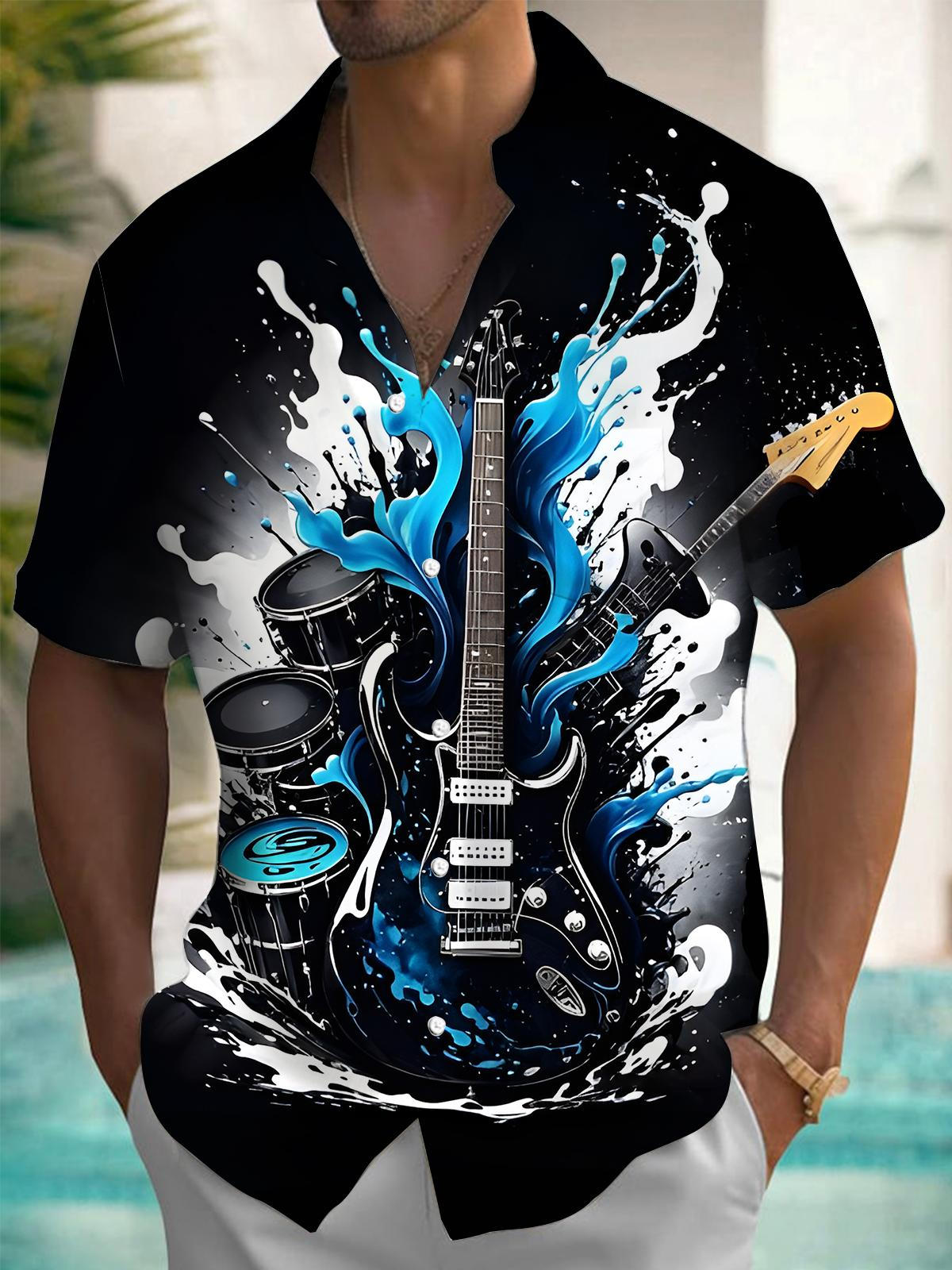 Guitar Print Men's Pocket Short Sleeve Shirts