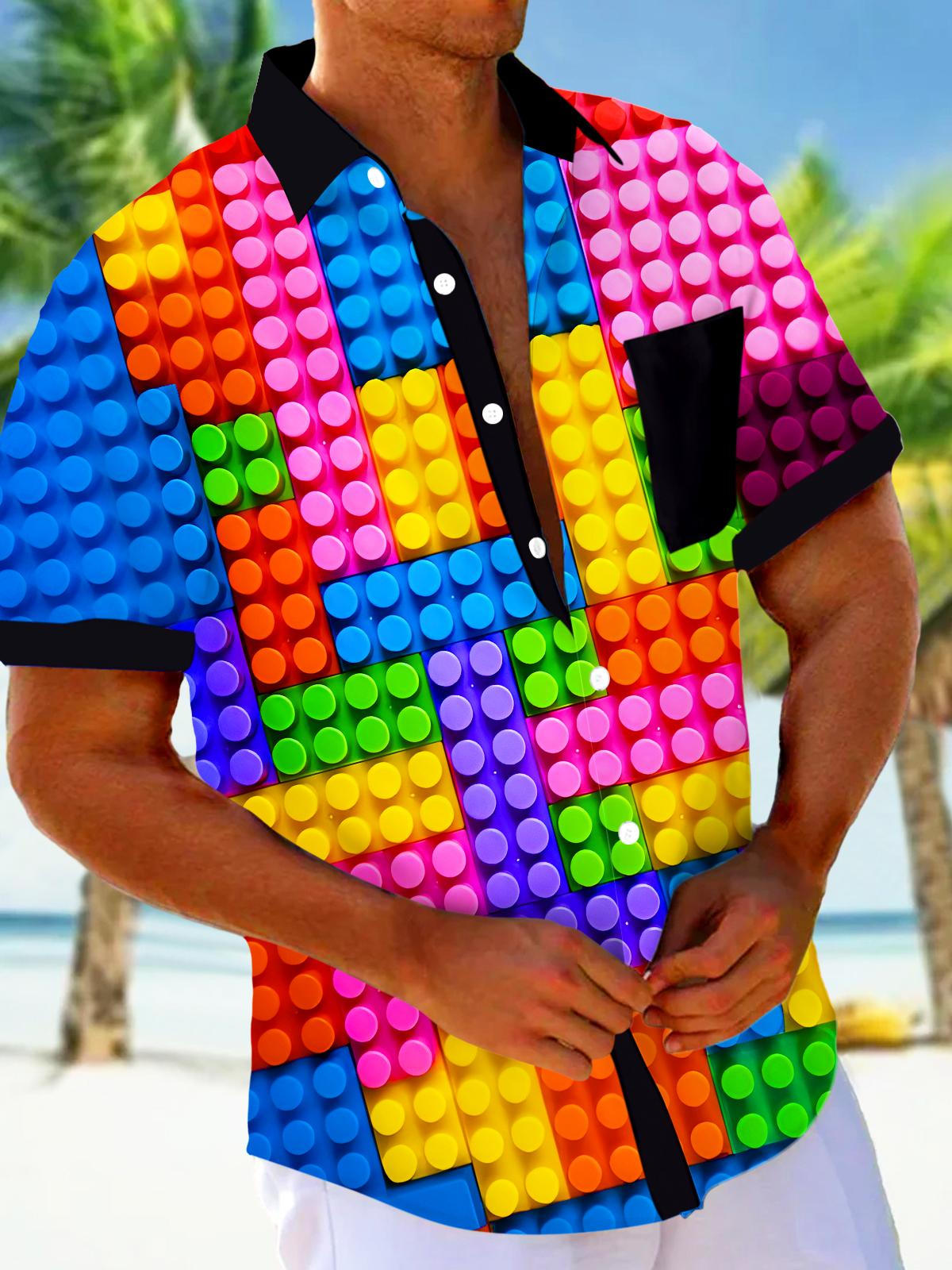 Rainbow Geometric Color Blocks Men's Pocket Short Sleeve Shirts