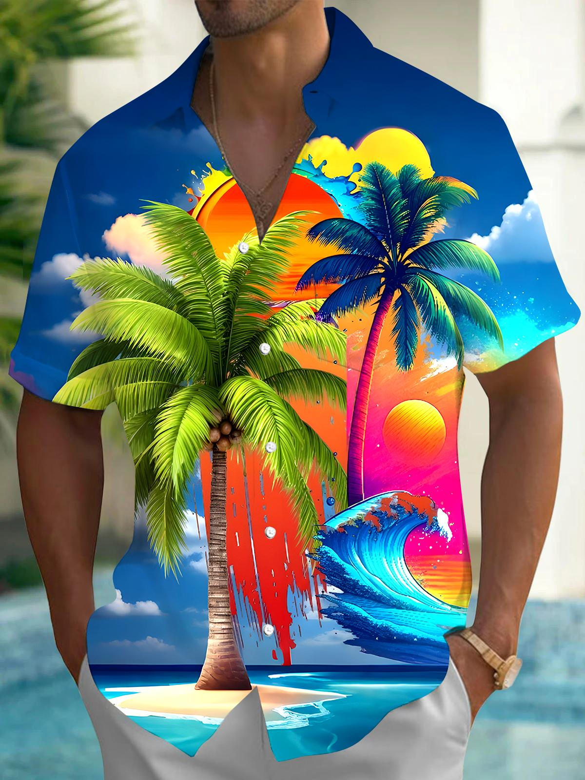 Hawaiian Coconut Tree Men's Pocket Short Sleeve Shirts