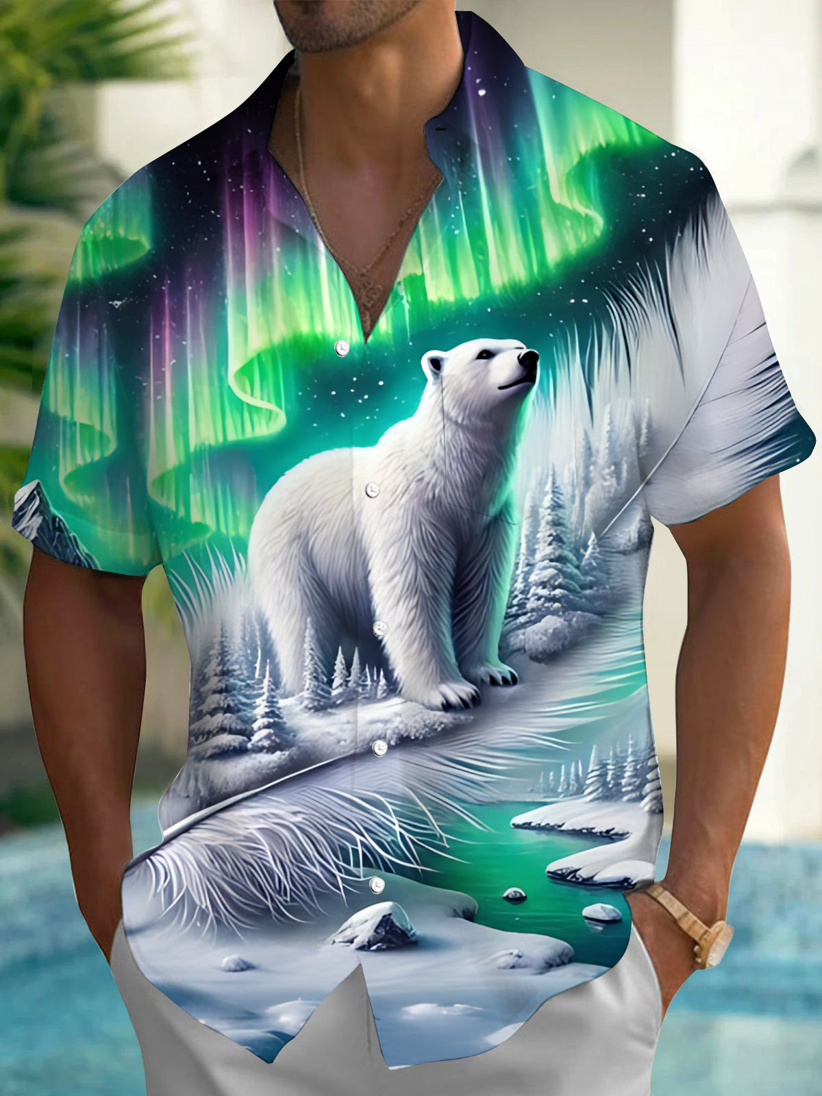 Polar Bear Aurora Snow Scene Print Men's Pocket Short Sleeve Shirts