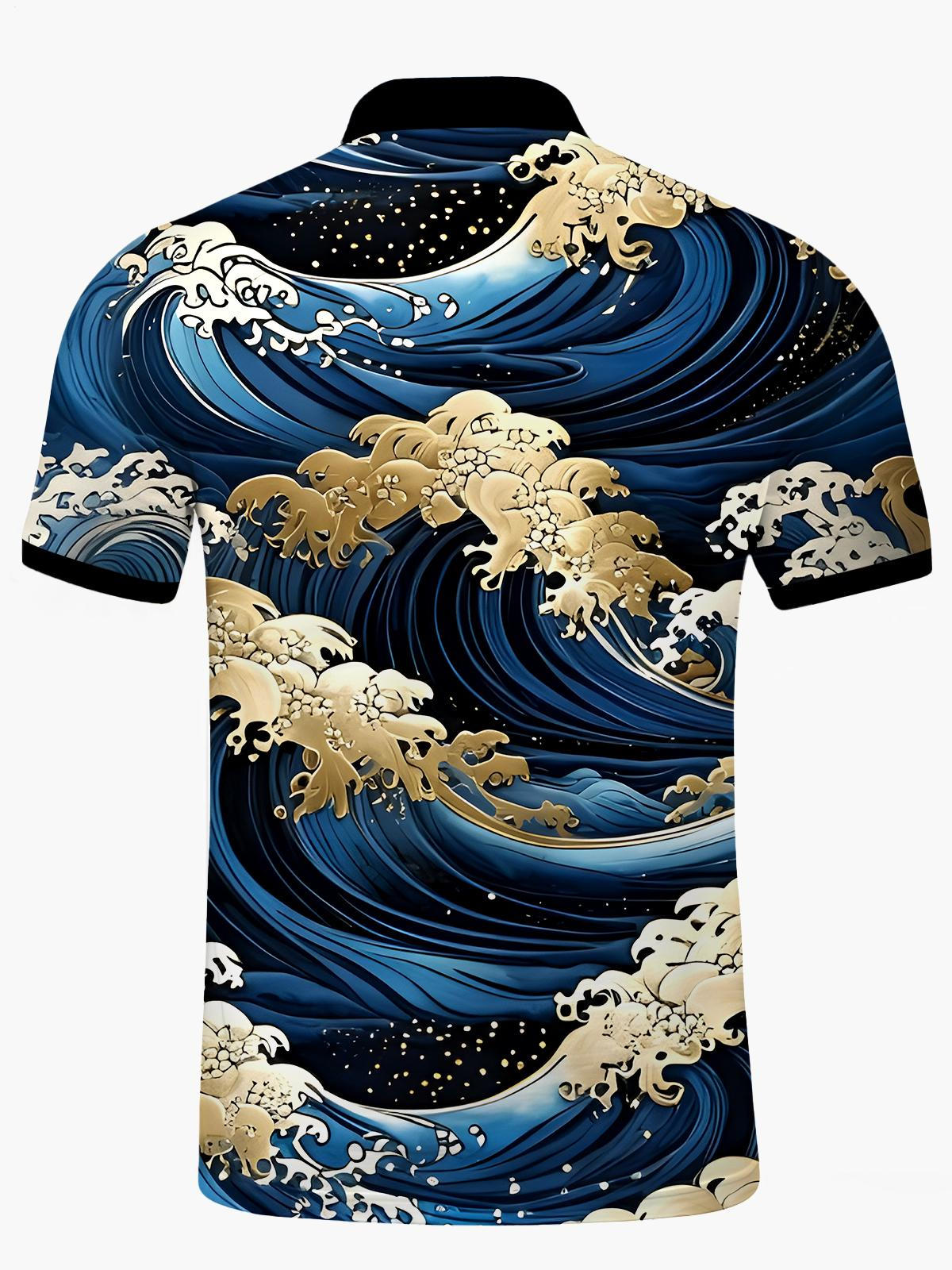 Ocean Waves Men's Short Sleeve Button Polo Shirt