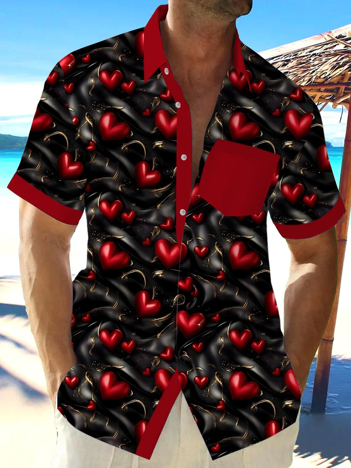 Valentine's Day Heart Print Men's Pocket Short Sleeve Shirts