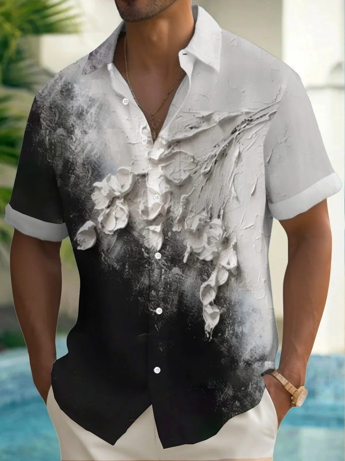 Black White Contrast Floral Print Men's Pocket Short Sleeve Shirts