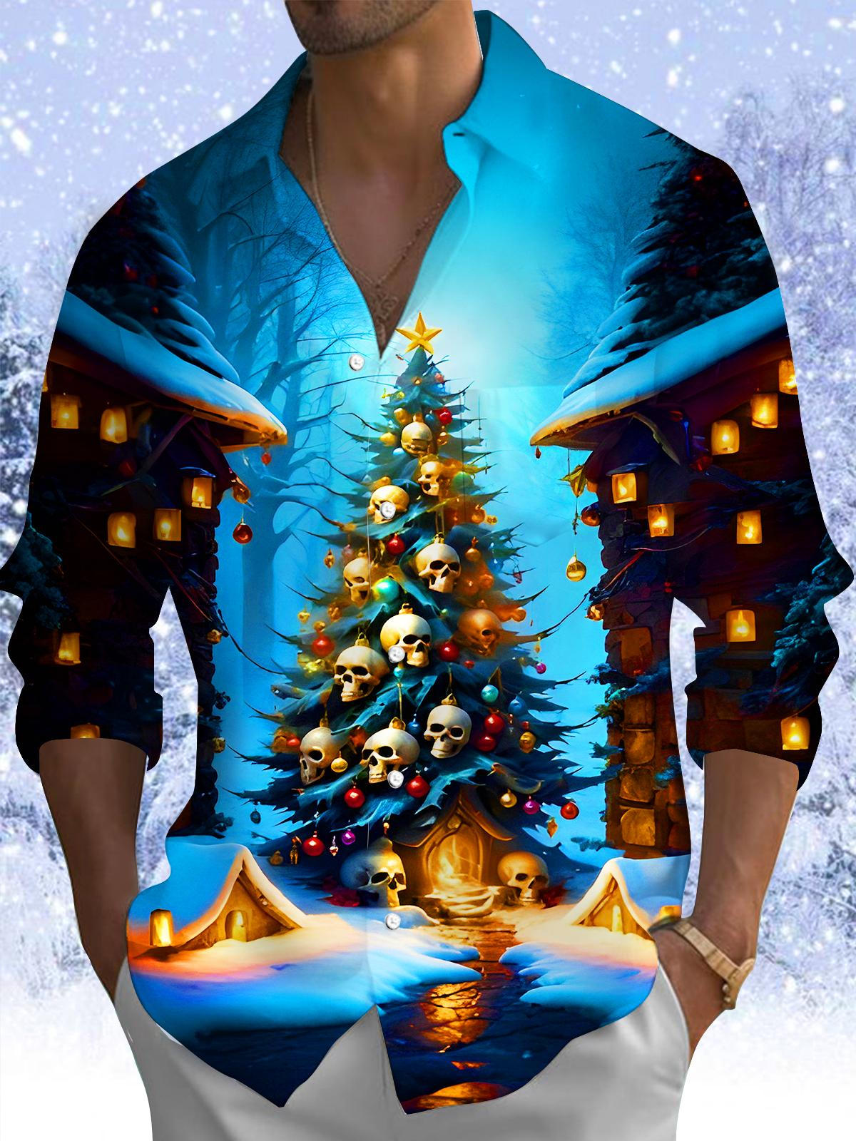 Funny Skull Christmas Tree Xmas Men's Pocket Long Sleeve Shirts