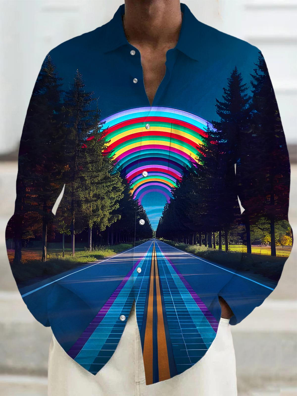 Rainbow WiFi Trees Highway Men's Pocket Long Sleeve Shirts