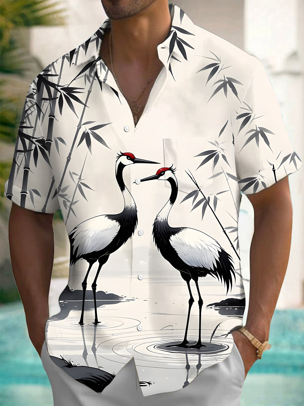 Red Crowned Crane Bamboo Print Men's Pocket Short Sleeve Shirts