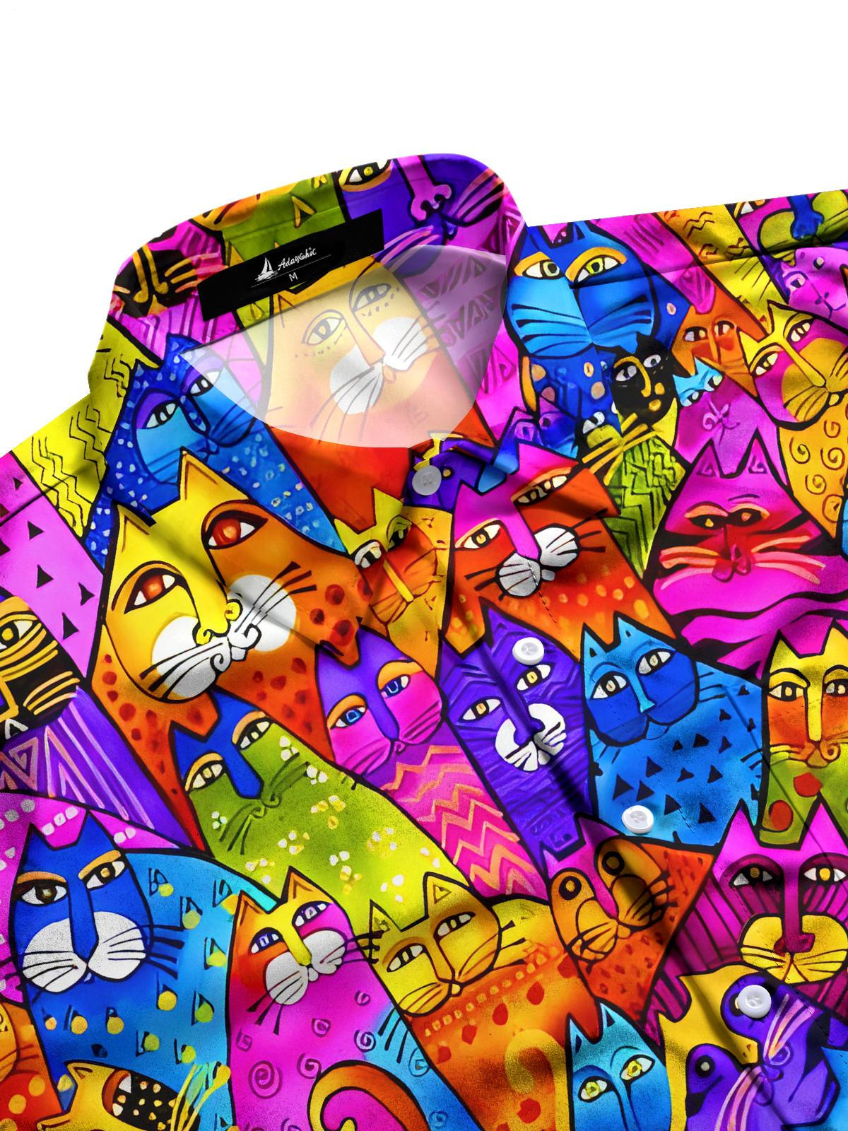 Funny Art Colorful Cats Carnival Men's Pocket Long Sleeve Shirts