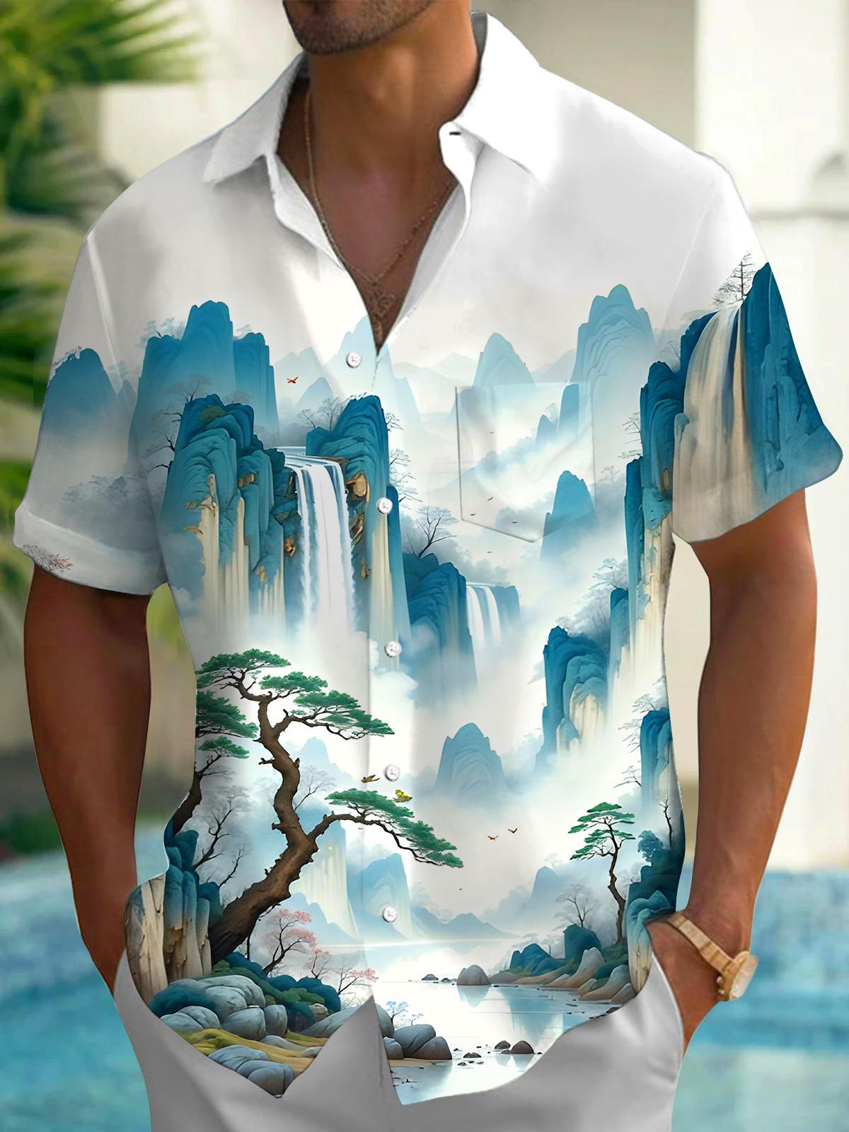 Landscape Painting Men's Pocket Short Sleeve Shirts