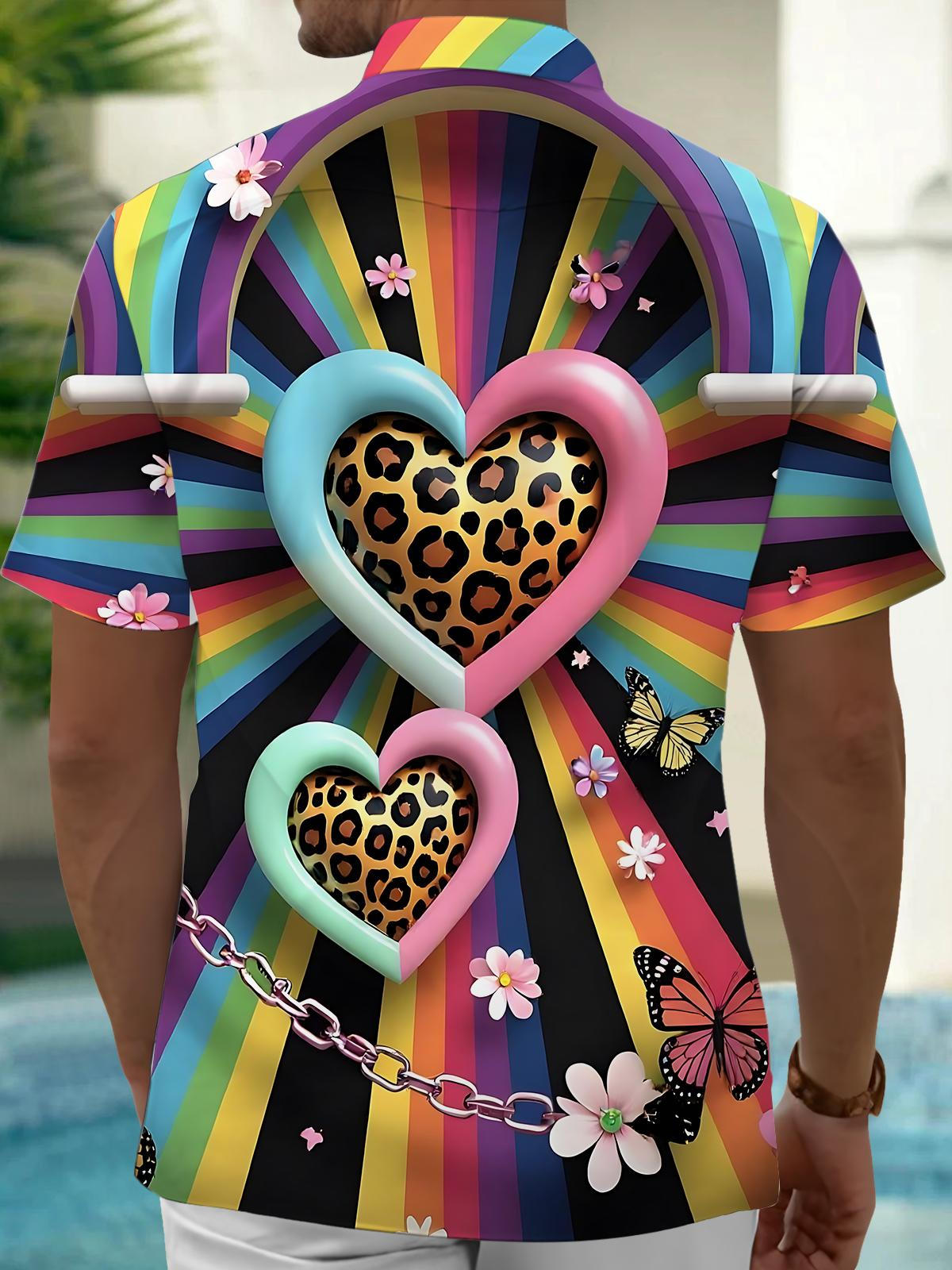 Rainbow Leopard Heart Print Men's Pocket Short Sleeve Shirts