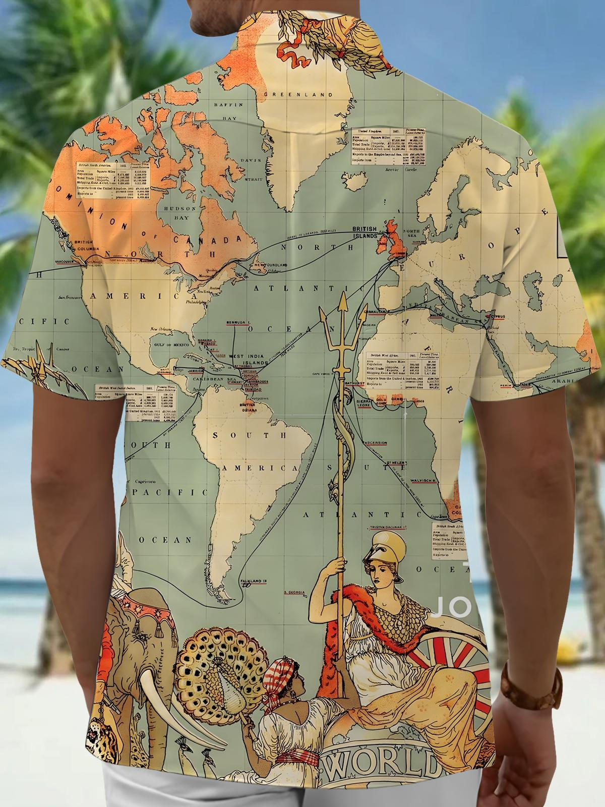 World Map Print Men's Pocket Short Sleeve Shirts