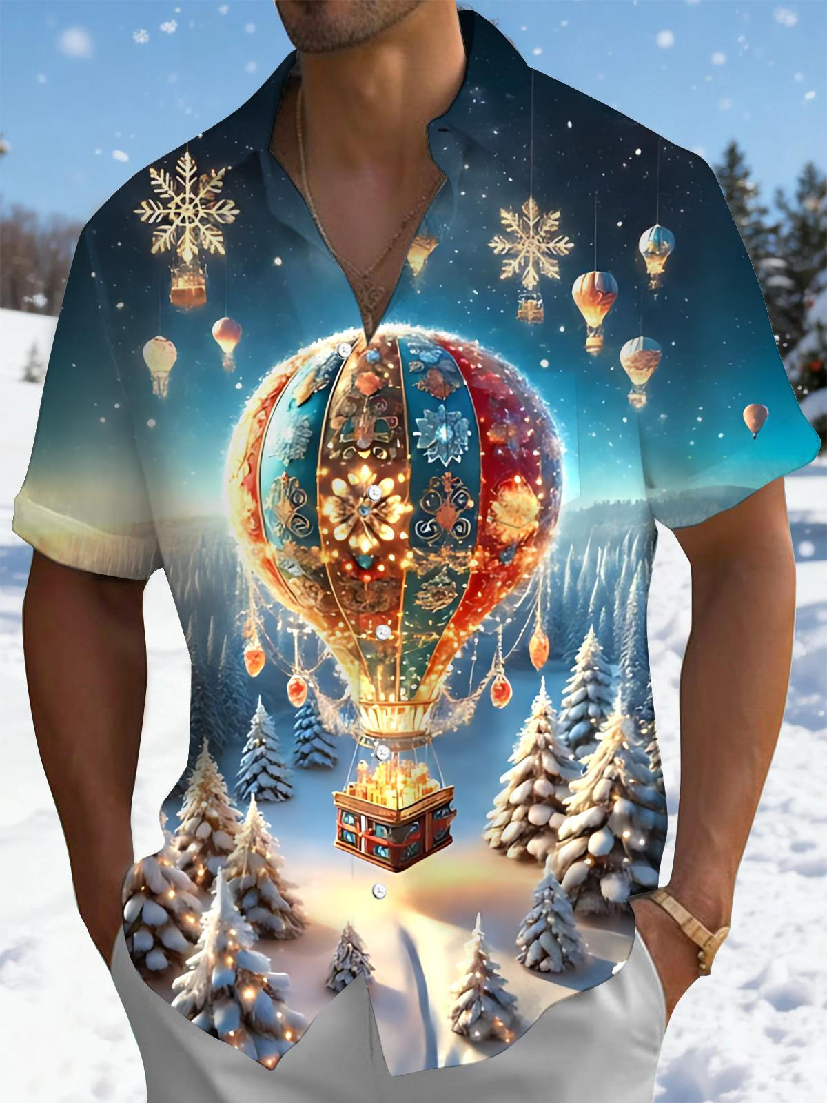 Winter Snow Scene Hot Air Balloon Print Men's Pocket Short Sleeve Shirts