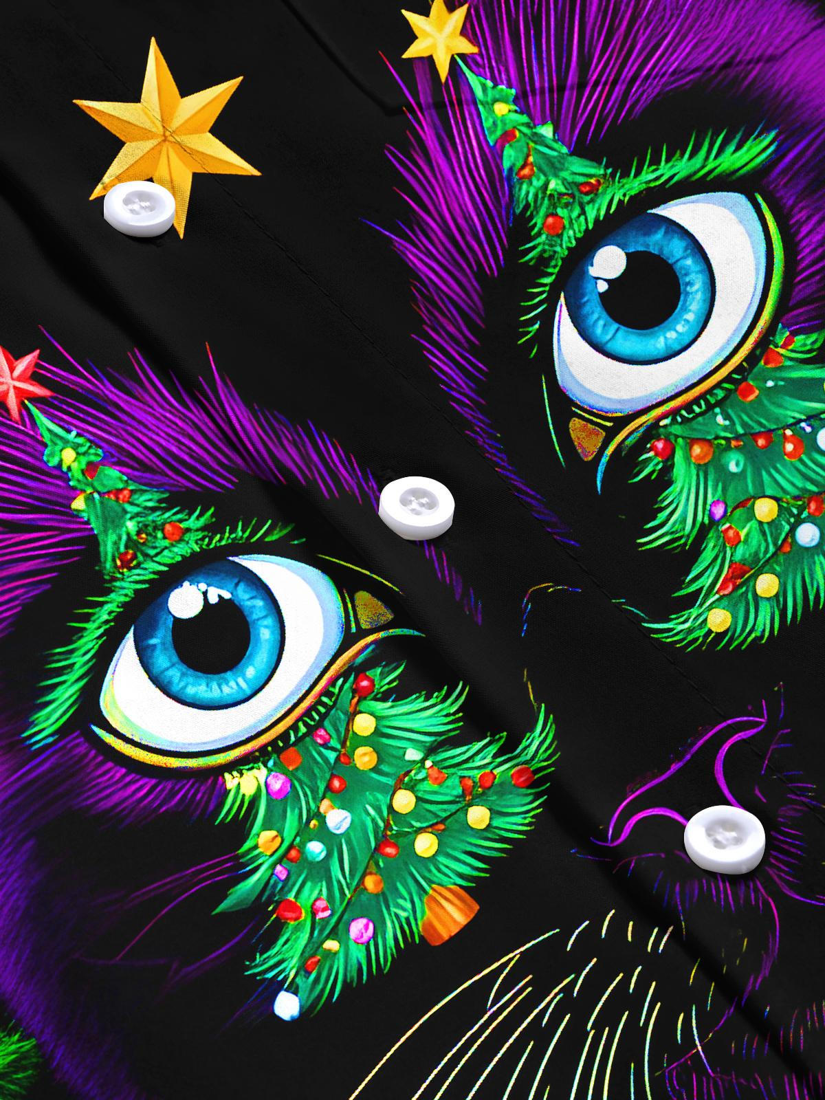 Fun Christmas Tree Cat Eyes Xmas Men's Pocket Short Sleeve Shirts