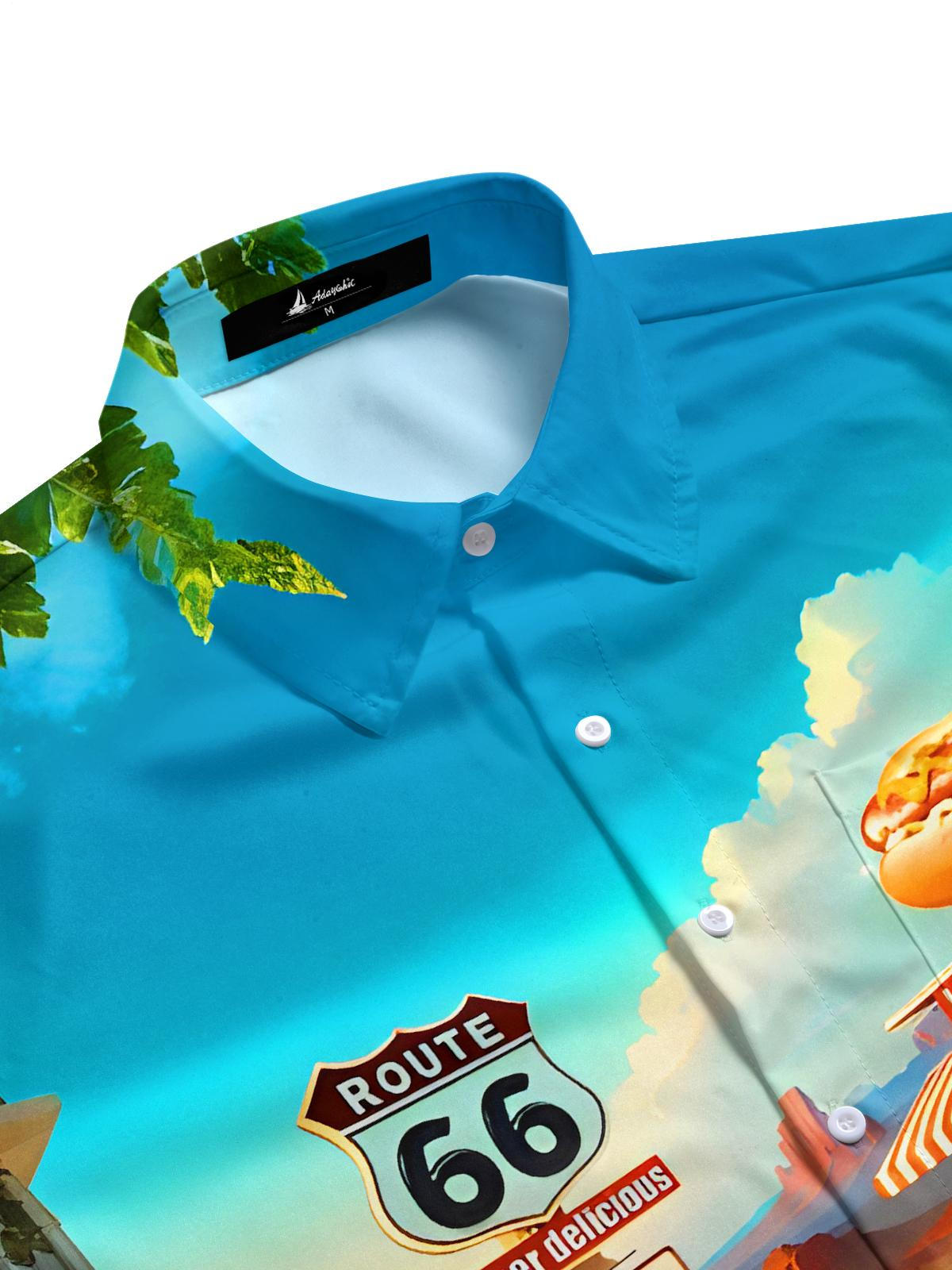 Fun Retro Route 66 Hot Dog Shop Car Men's Pocket Short Sleeve Shirts