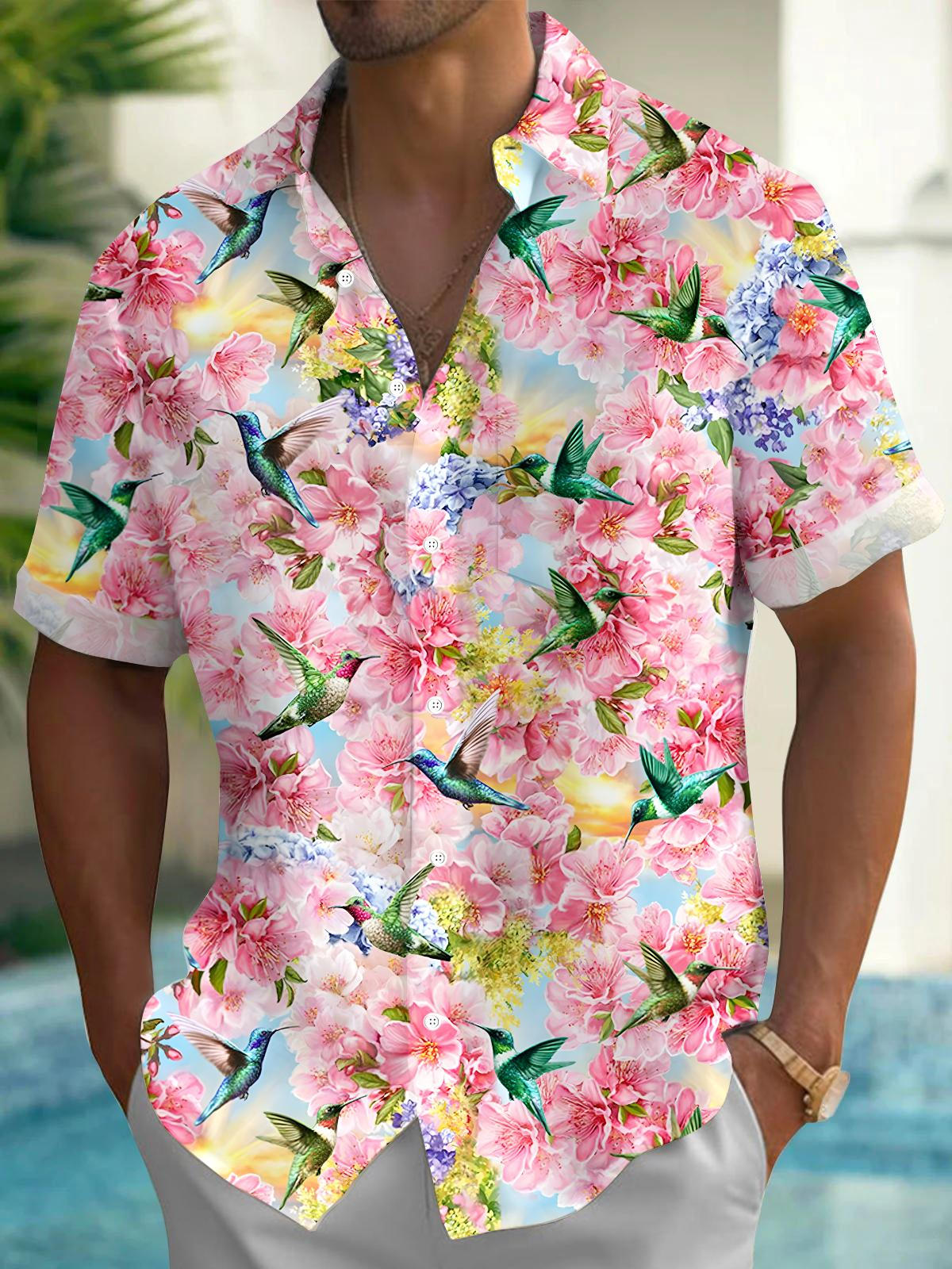 Bird Floral Men's Pocket Short Sleeve Shirts