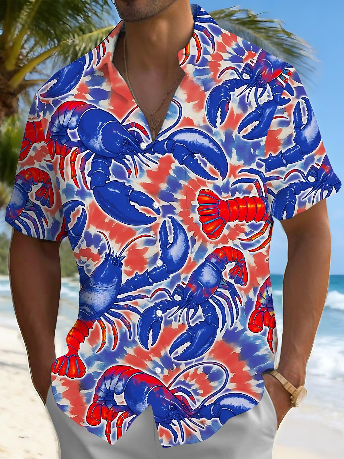 Hawaiian Lobster Independence Day Print Men's Pocket Short Sleeve Shirts