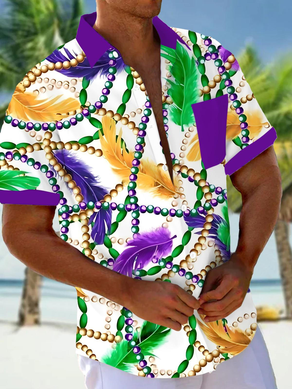 Mardi Gras Feather Print Men's Pocket Short Sleeve Shirts