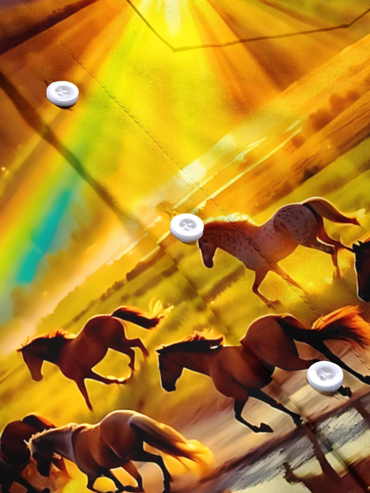 Sunset Horse Group Print Men's Pocket Short Sleeve Shirts