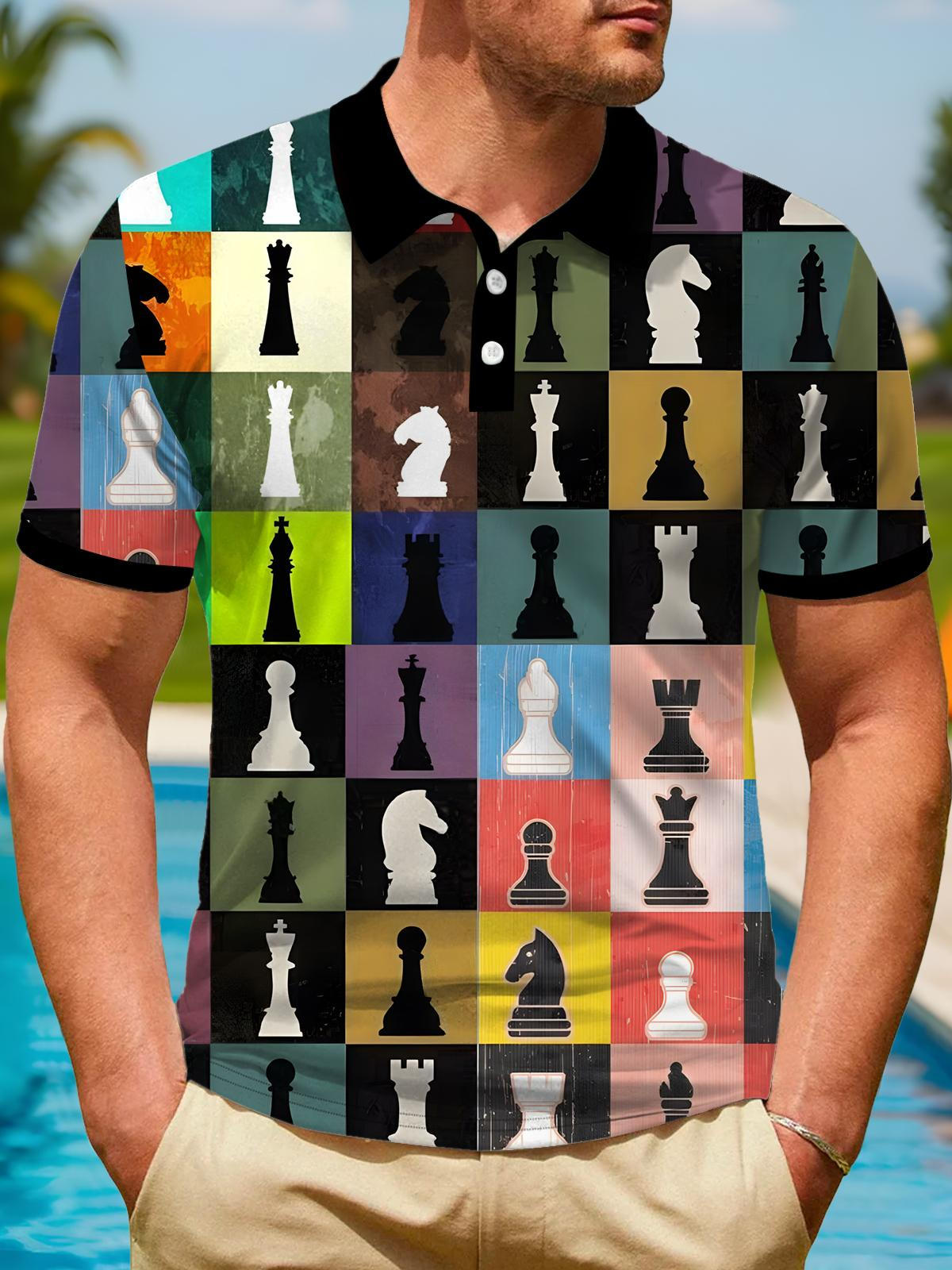 Chess Print Men's Short Sleeve Button Polo Shirt