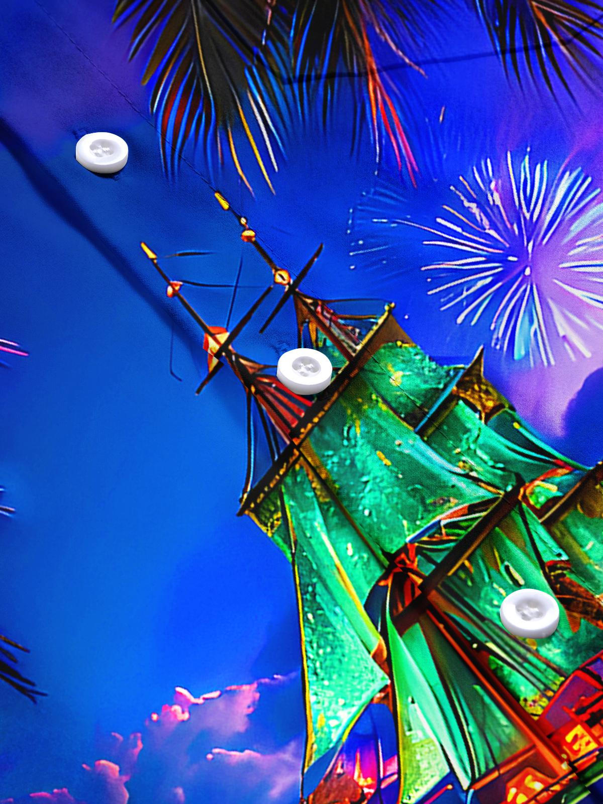 Hawaiian Coconut Tree Boat Men's Pocket Short Sleeve Shirts