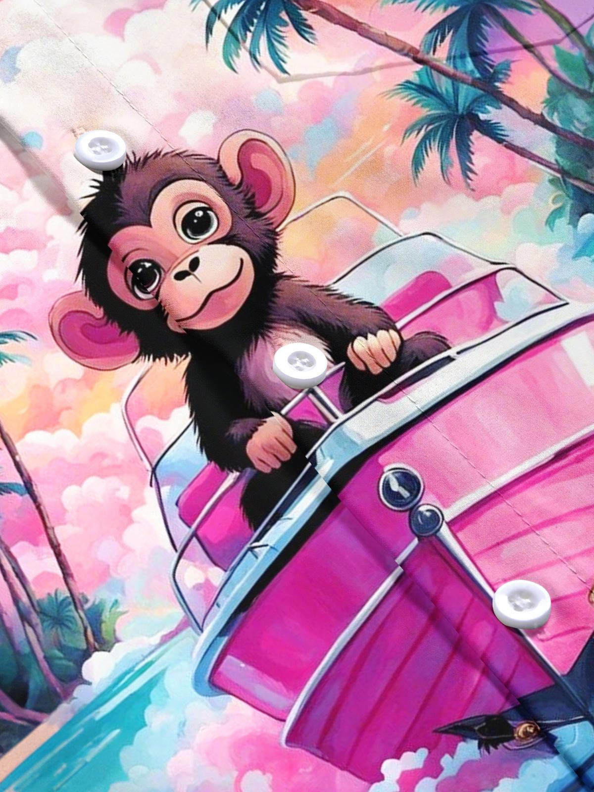 Hawaiian Monkey Coconut Print Men's Pocket Short Sleeve Shirts