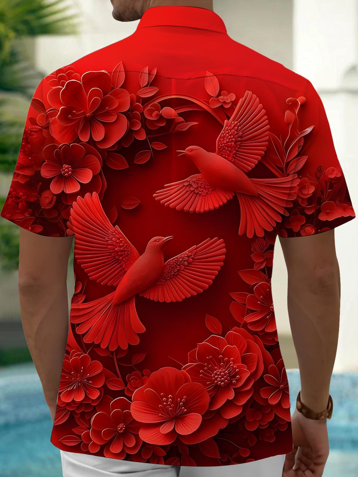 Floral Bird Print Men's Pocket Short Sleeve Shirts