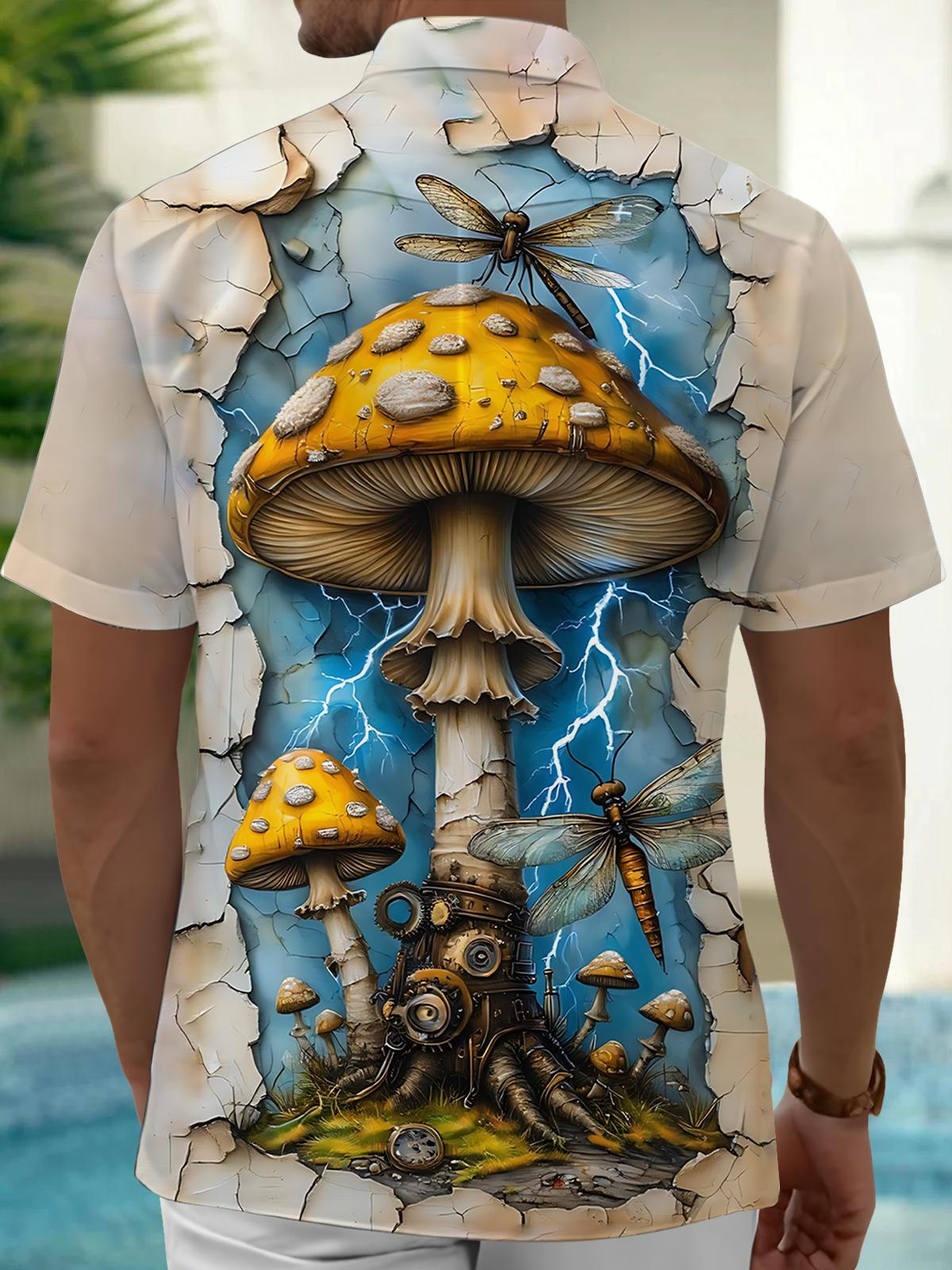 Mushroom Dragonfly Print Men's Pocket Short Sleeve Shirts