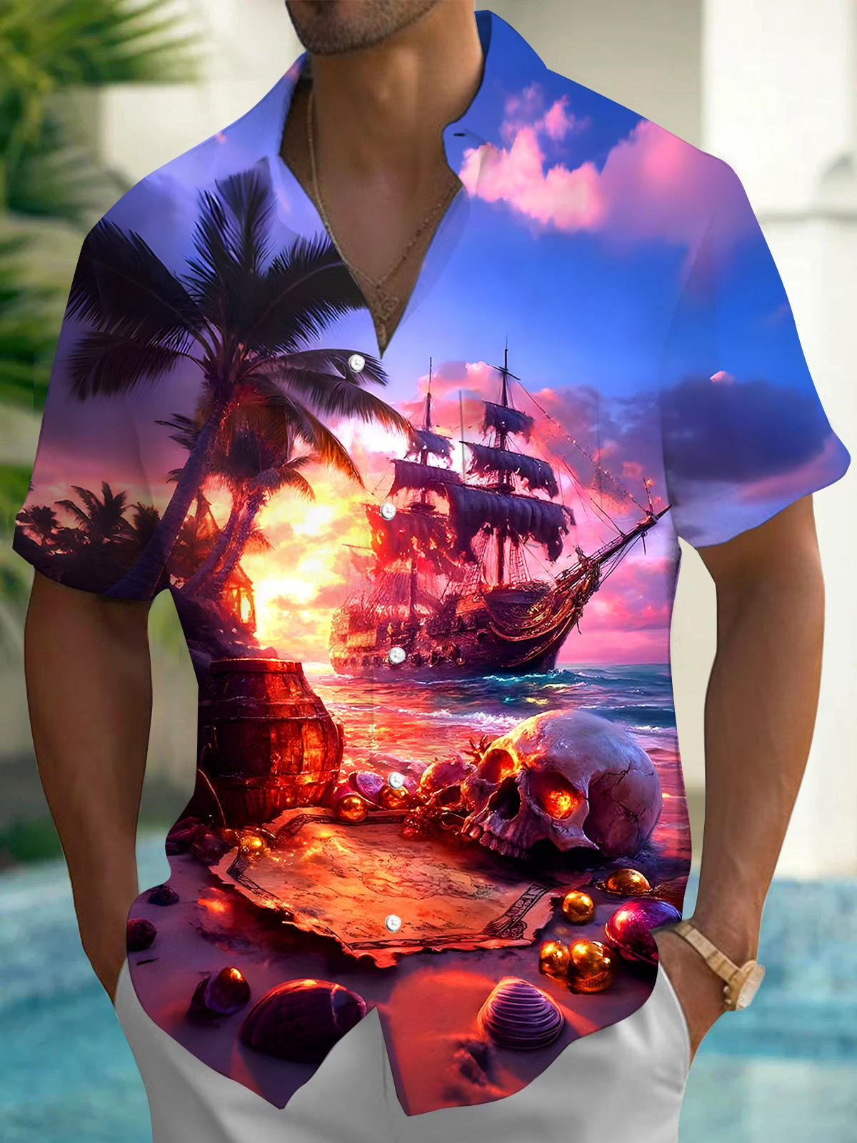 Hawaiian Boat Skull Men's Pocket Short Sleeve Shirts