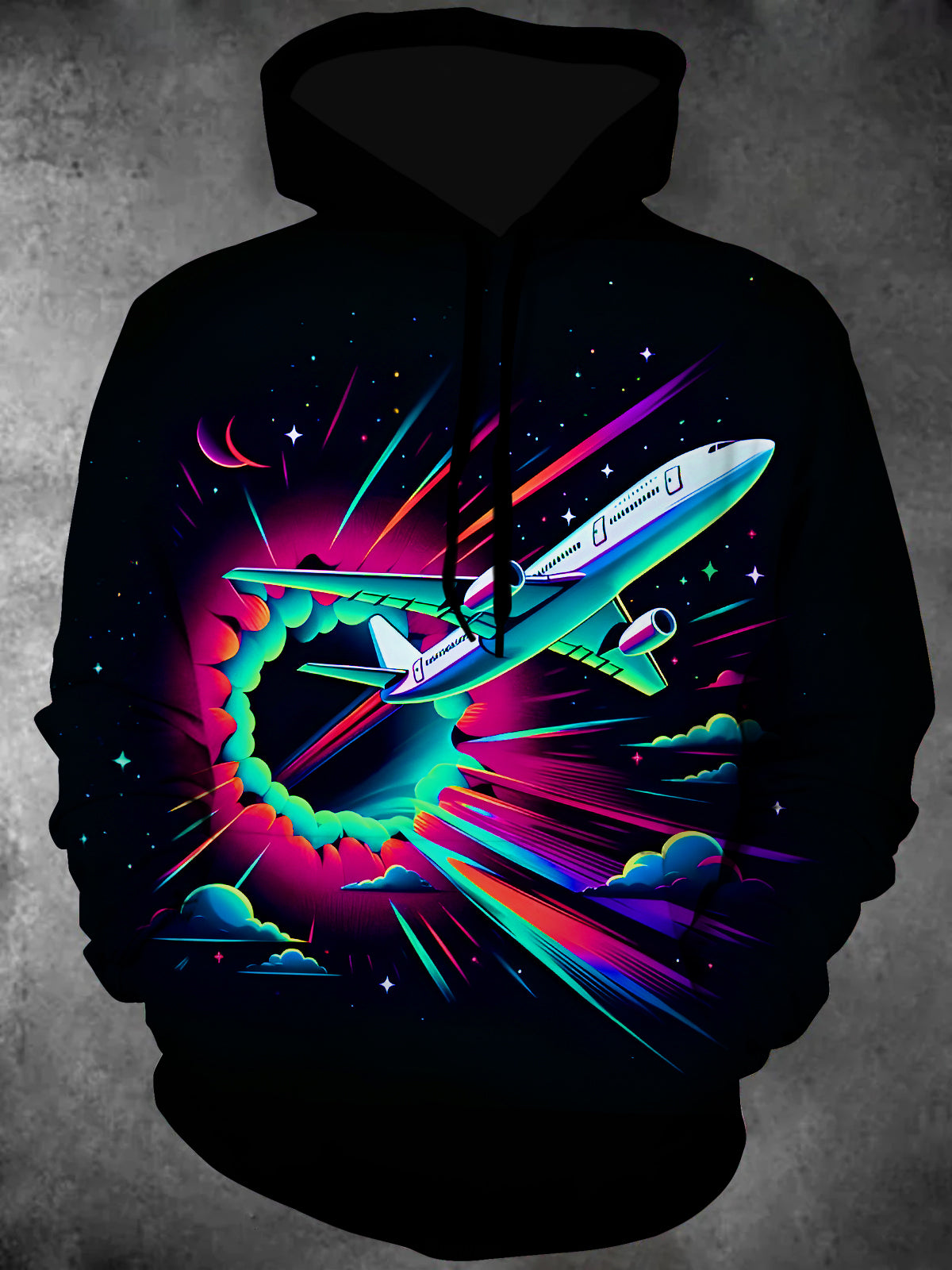 Colorful Airplane Starry Sky Long Sleeve Hooded Pocket Men's Top