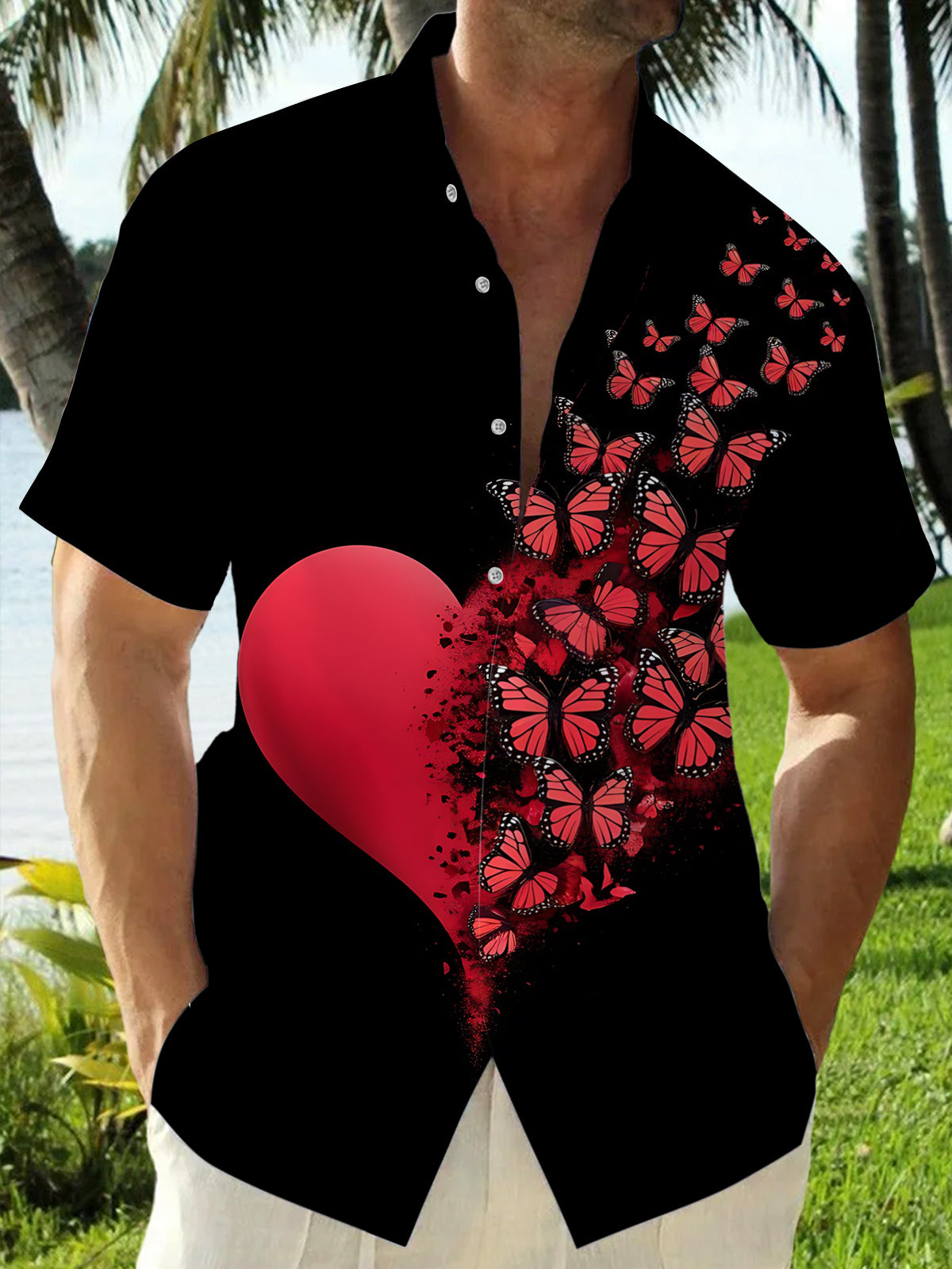 Butterfly Heart Print Men's Pocket Short Sleeve Shirts