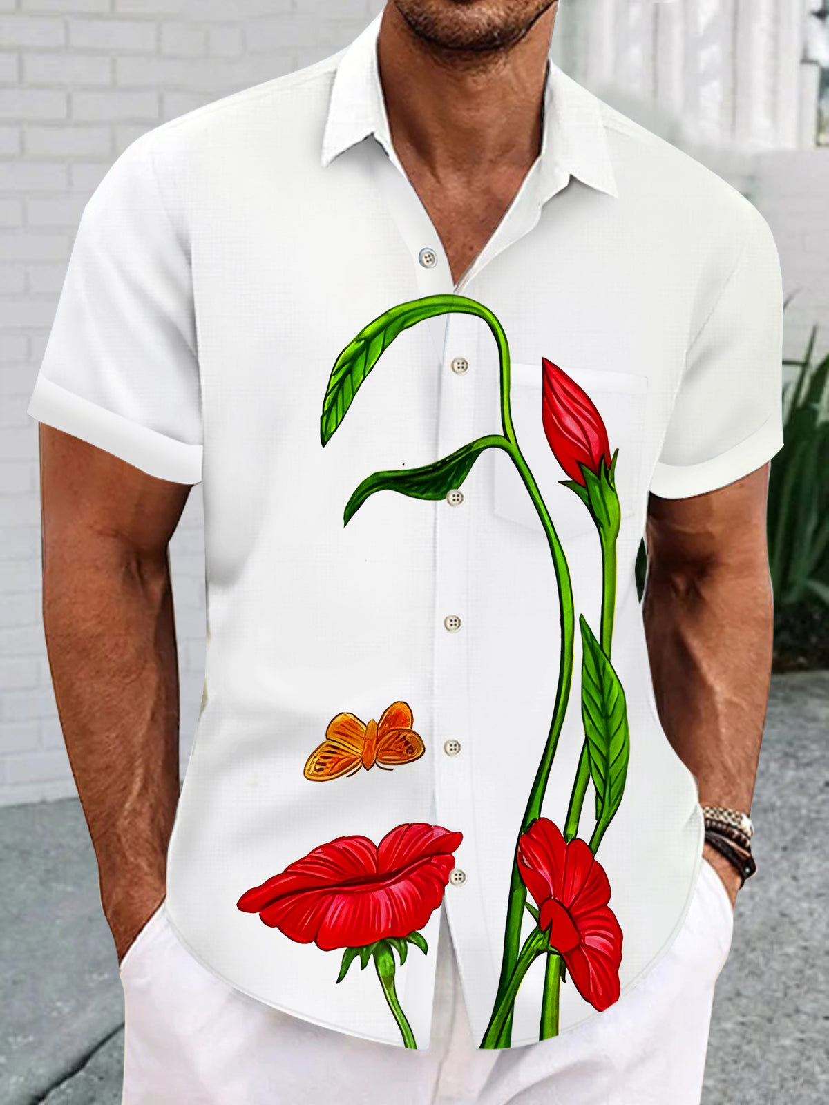 Fun Art Face Floral Men's Pocket Short Sleeve Shirts