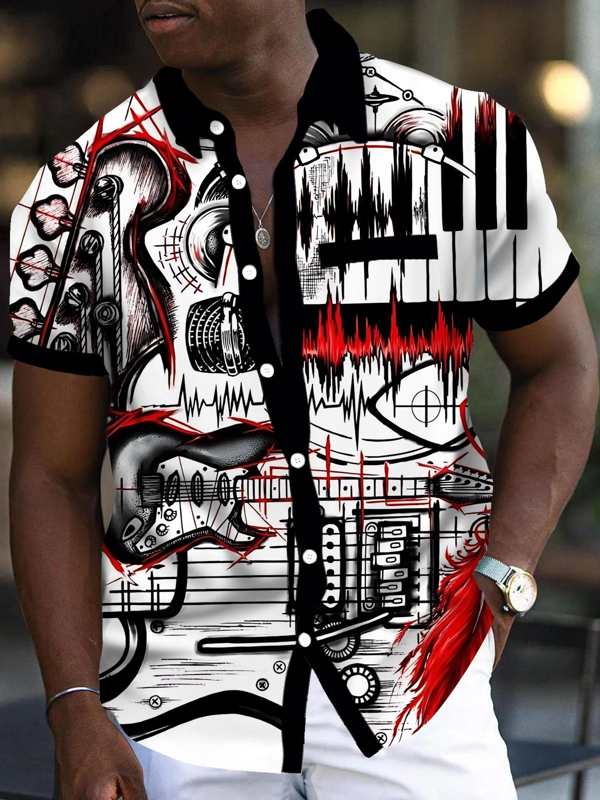 Musical Instrument Print Men's Pocket Short Sleeve Shirts