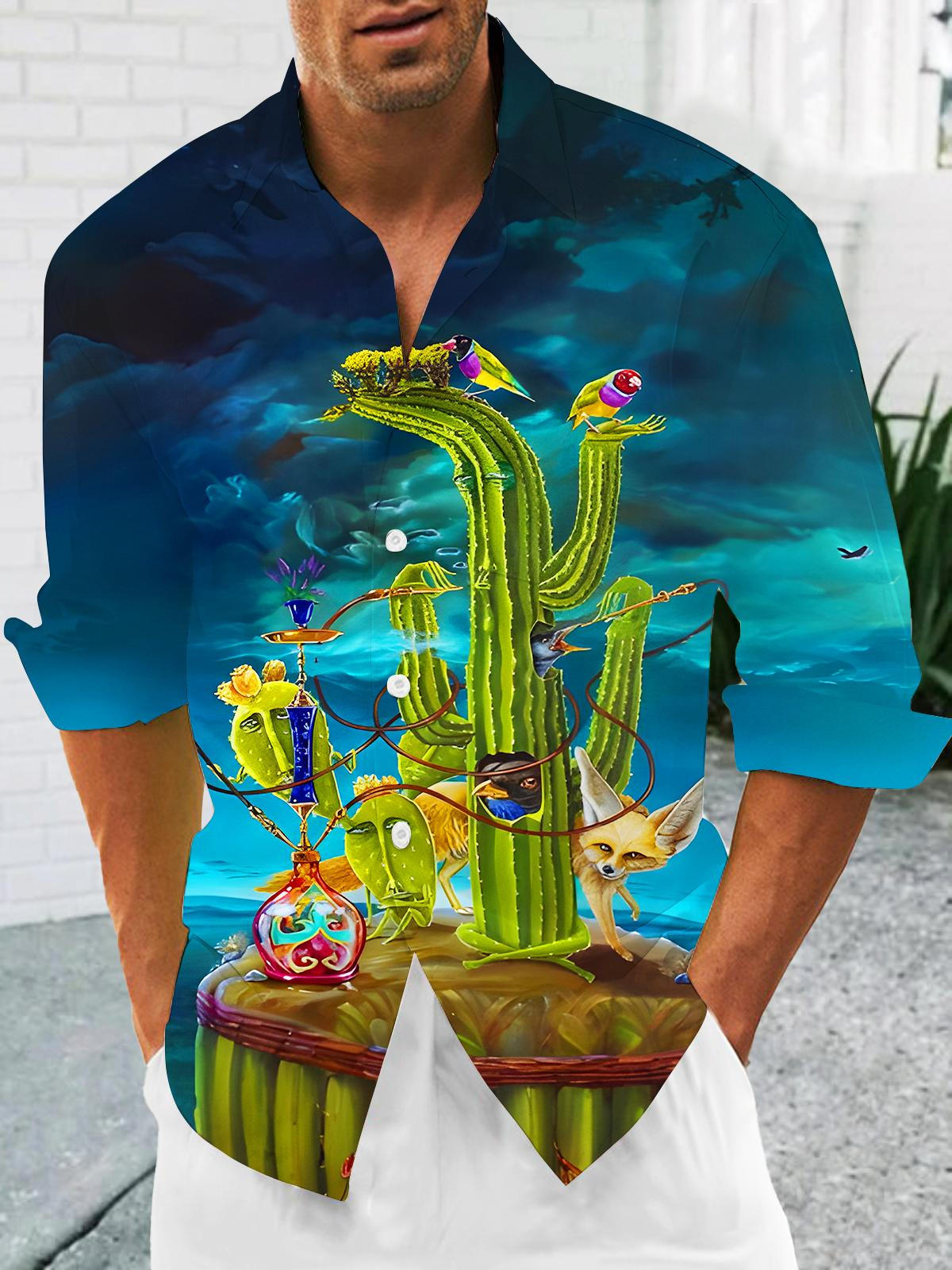Fun Fantasy Cactus Birds Men's Pocket Long Sleeve Shirts