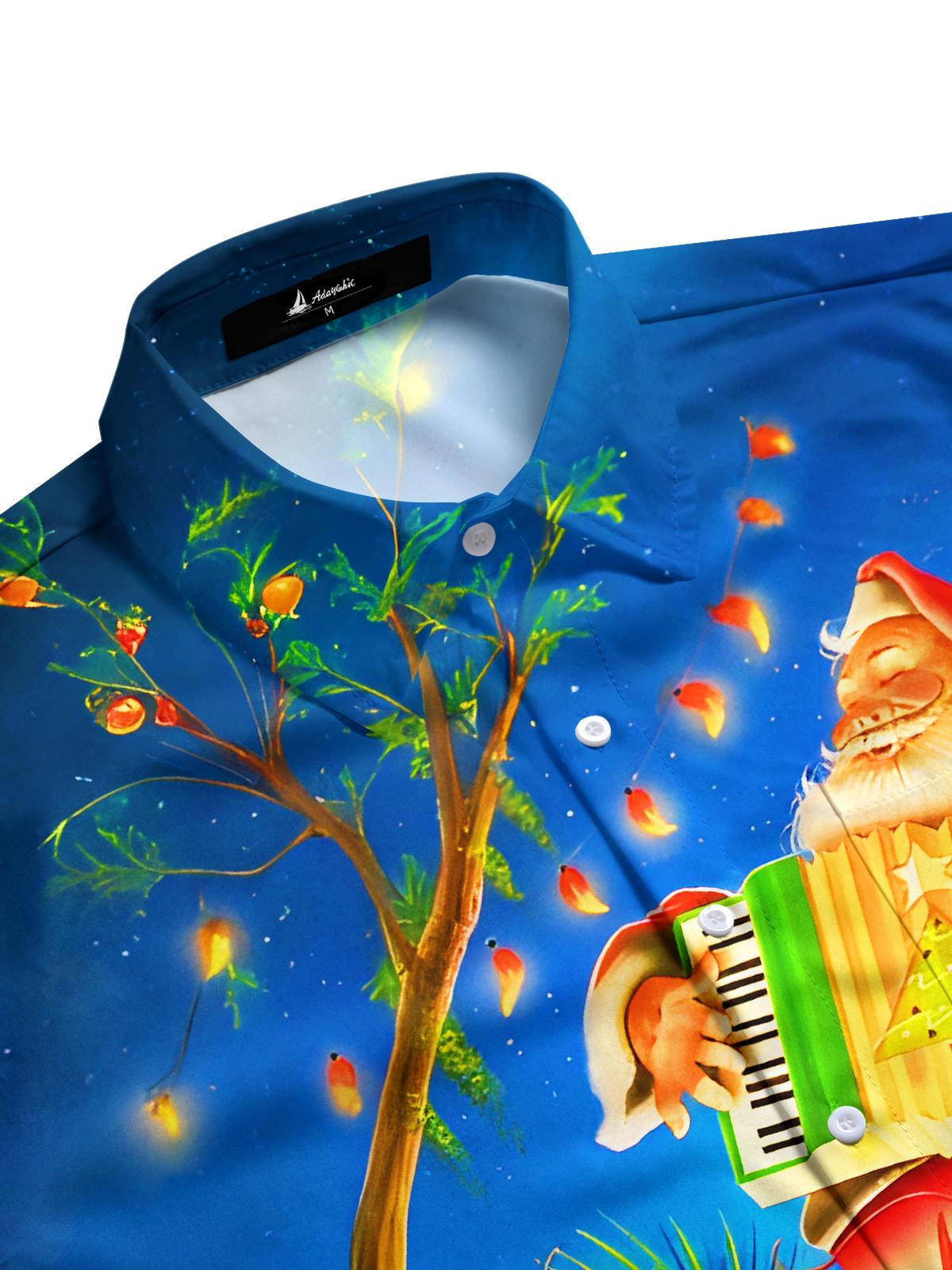 Fun Christmas Santa Claus Accordion Dancing Crayfish Xmas Men's Pocket Short Sleeve Shirts