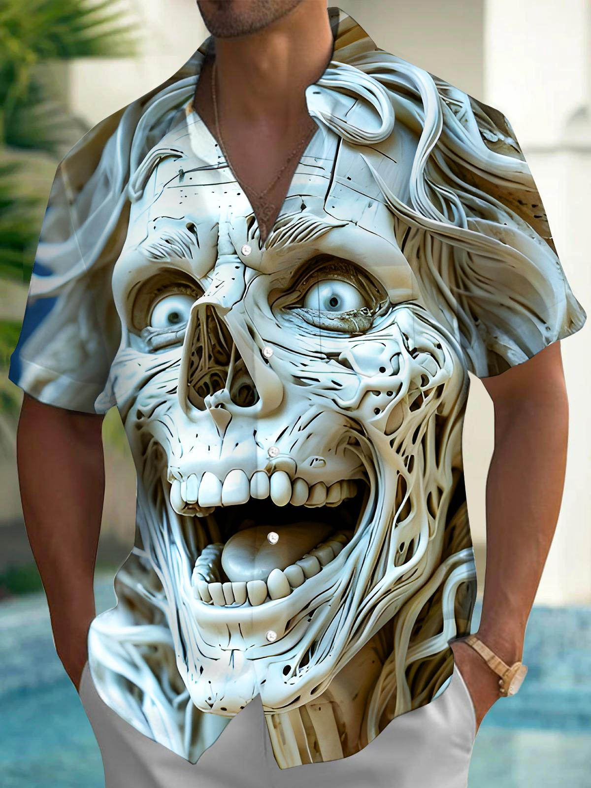 Funny Skull Art Relief Men's Pocket Short Sleeve Shirts