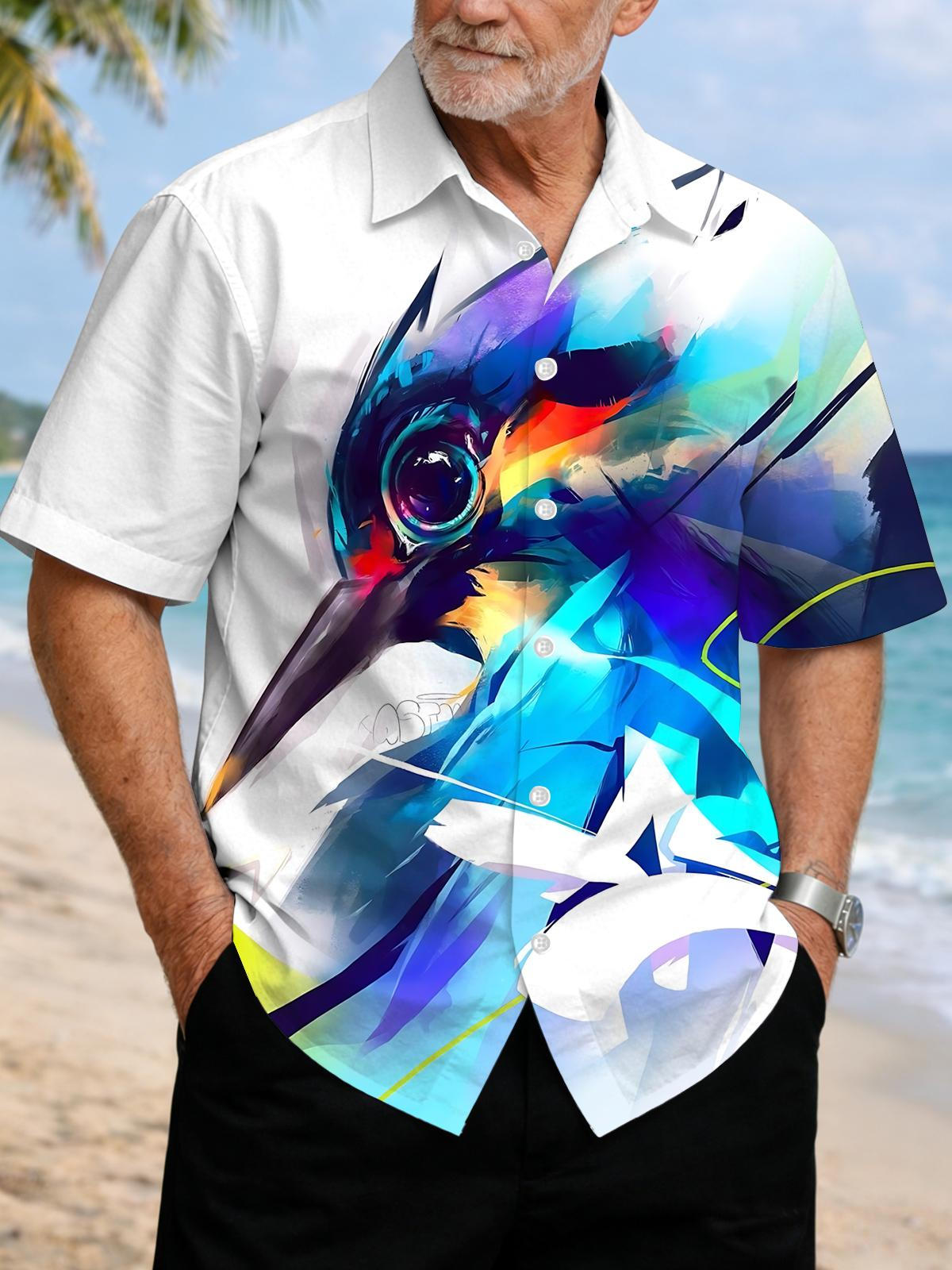 Bird Print Men's Pocket Short Sleeve Shirts