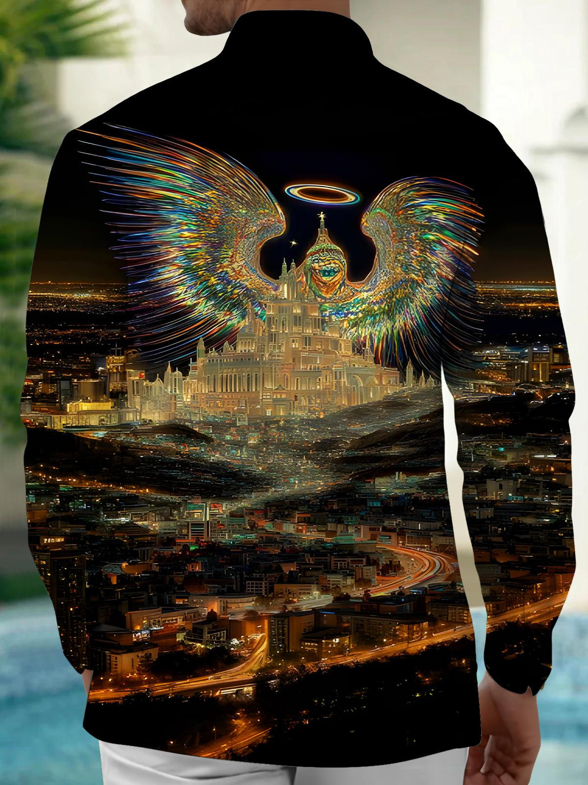 Angel Wings City Architecture Night View Men's Pocket Long Sleeve Shirts