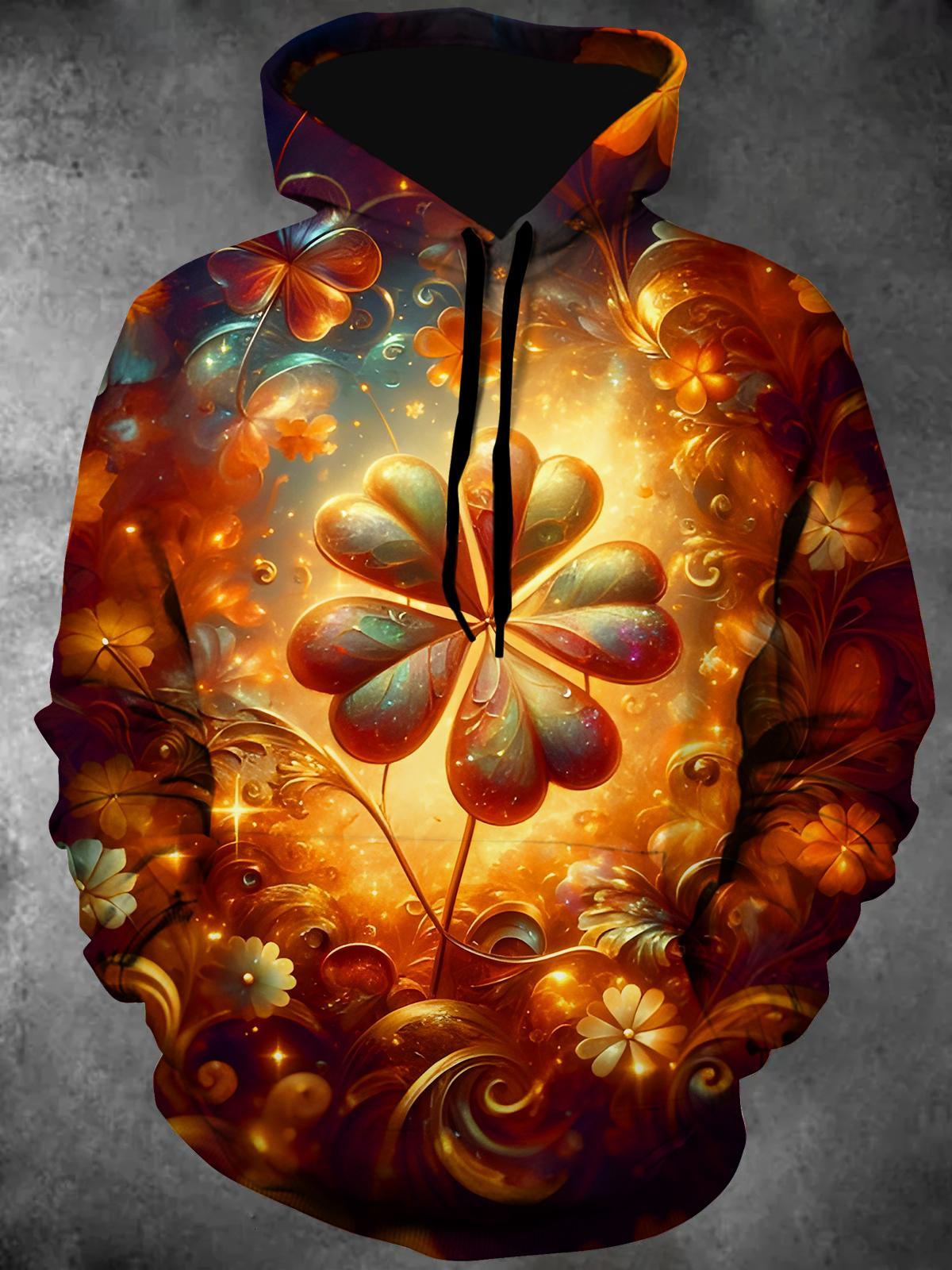 Lucky Golden Four-Leaf Clover Men's Long Sleeve Pocket Hoodies