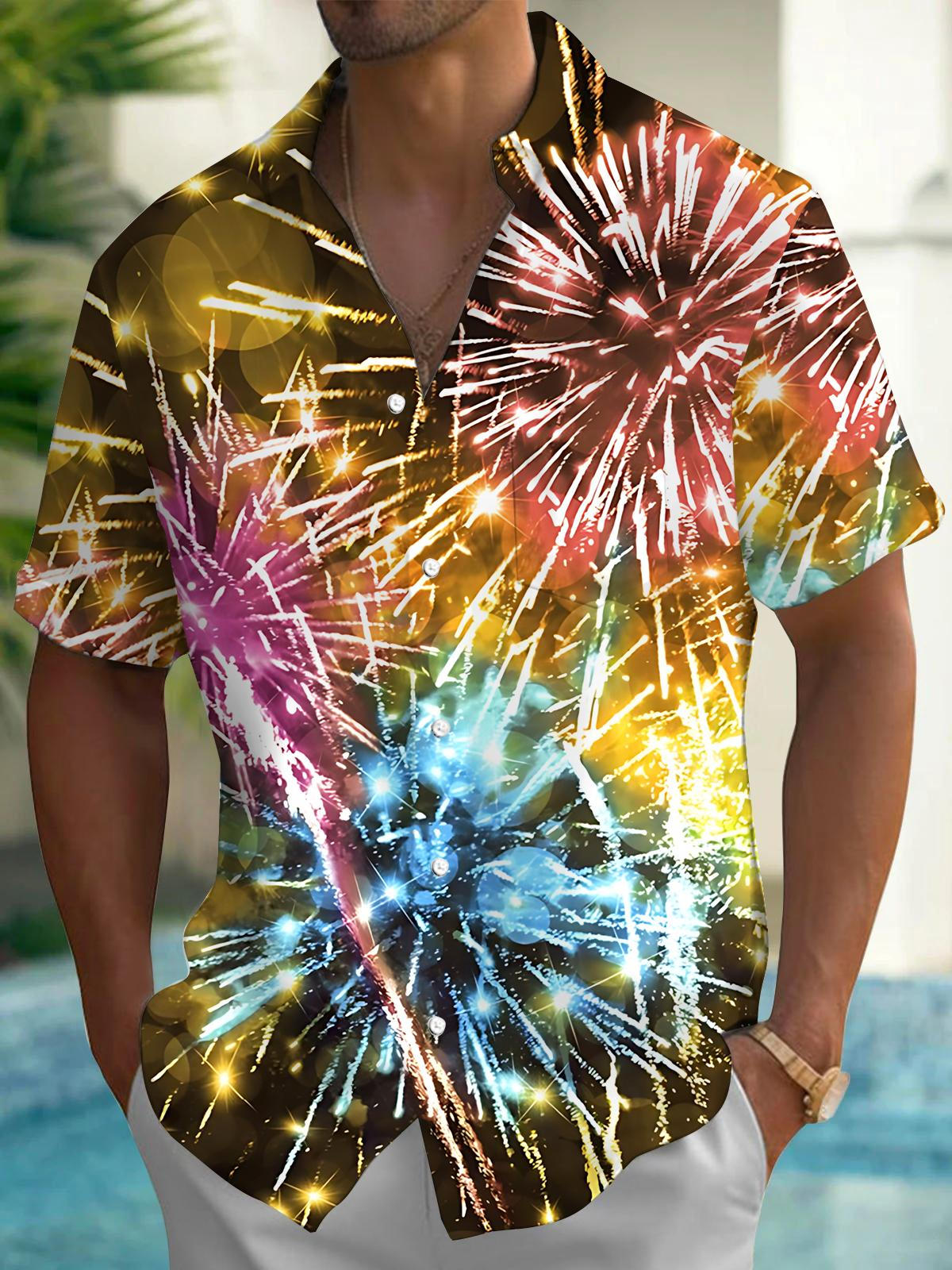 Fireworks Print Men's Pocket Short Sleeve Shirts