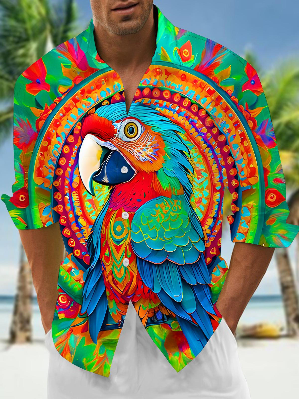 Funny Colorful Parrot Floral Men's Pocket Long Sleeve Shirts