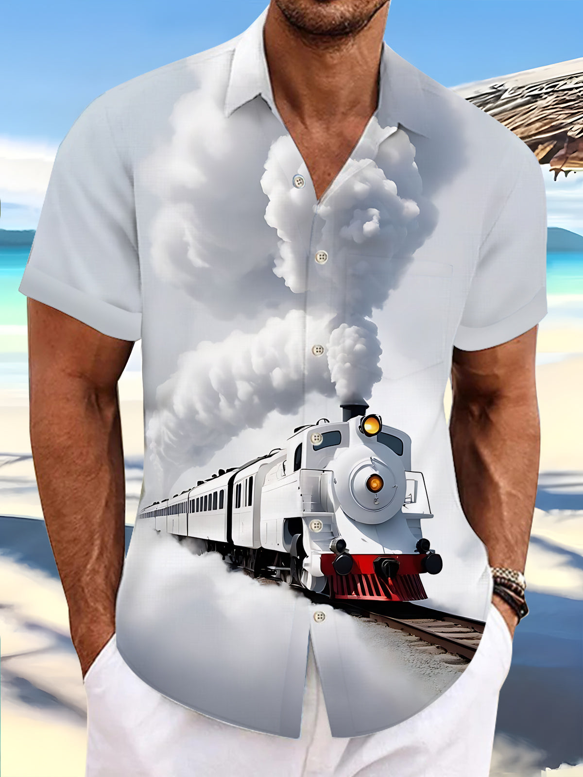 Train Print Men's Pocket Short Sleeve Shirts