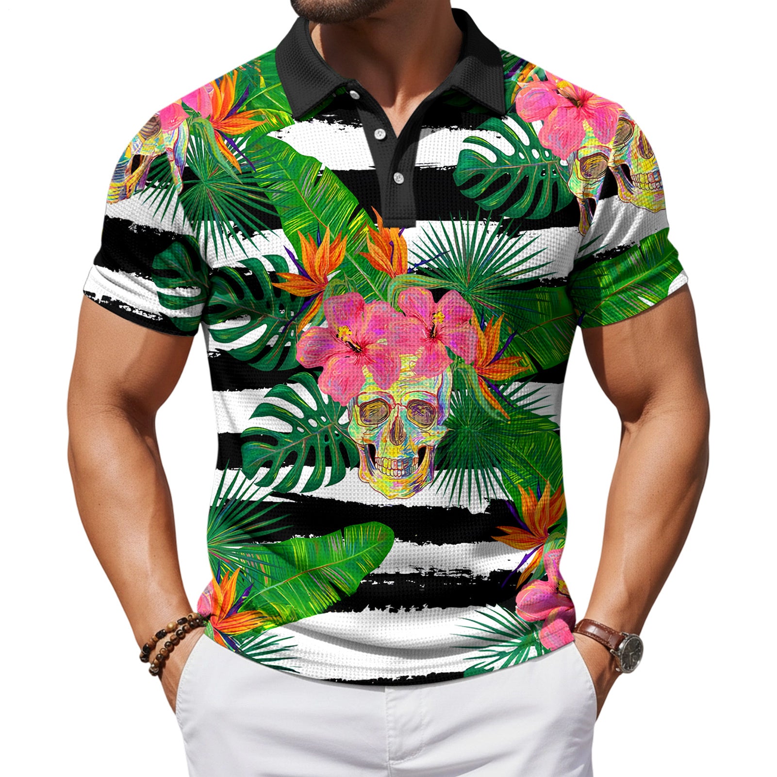 Skull Collared Tee Shirt for Men Waffle Floral Summer Short Sleeve Fashion Button Graphic Tee Shirt for Beach consistent