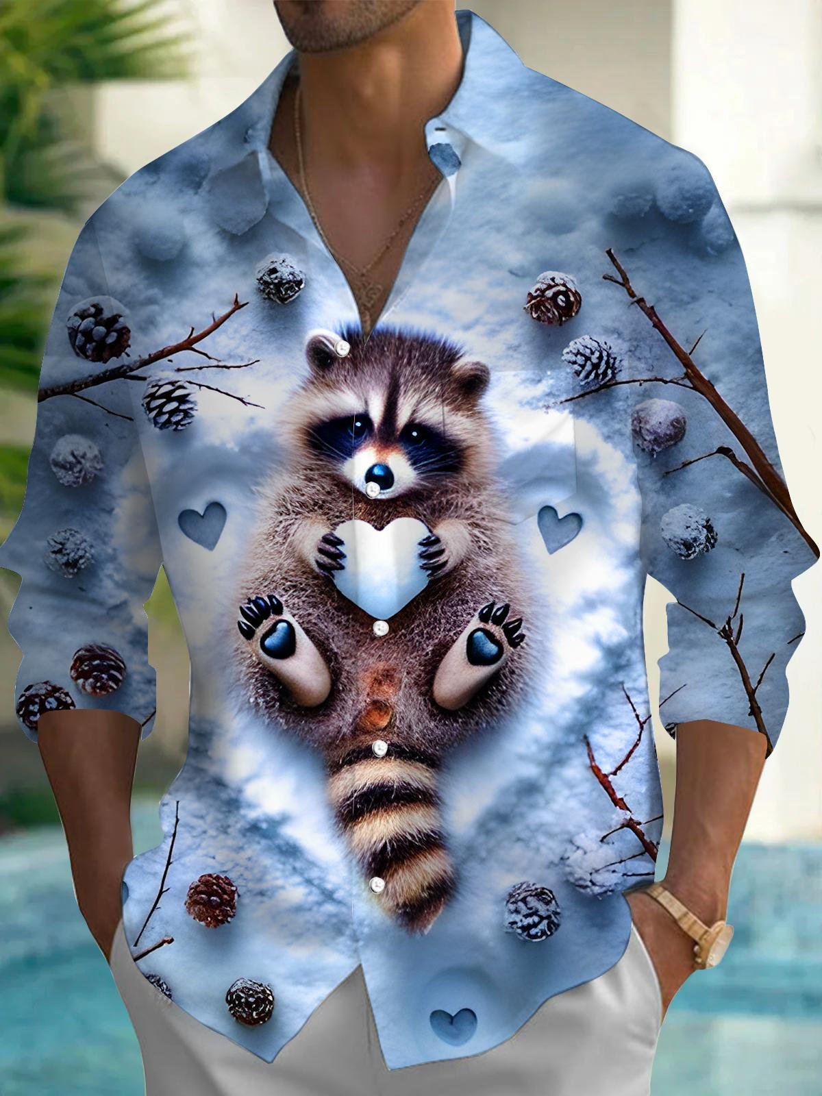 Funny Winter Snow Raccoon Men's Pocket Long Sleeve Shirts