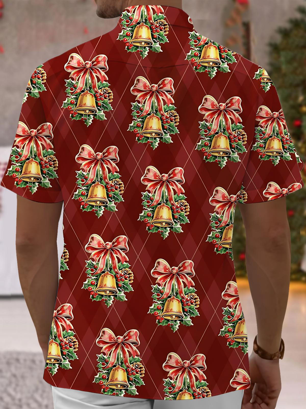 Christmas Bell Print Men's Pocket Short Sleeve Shirts