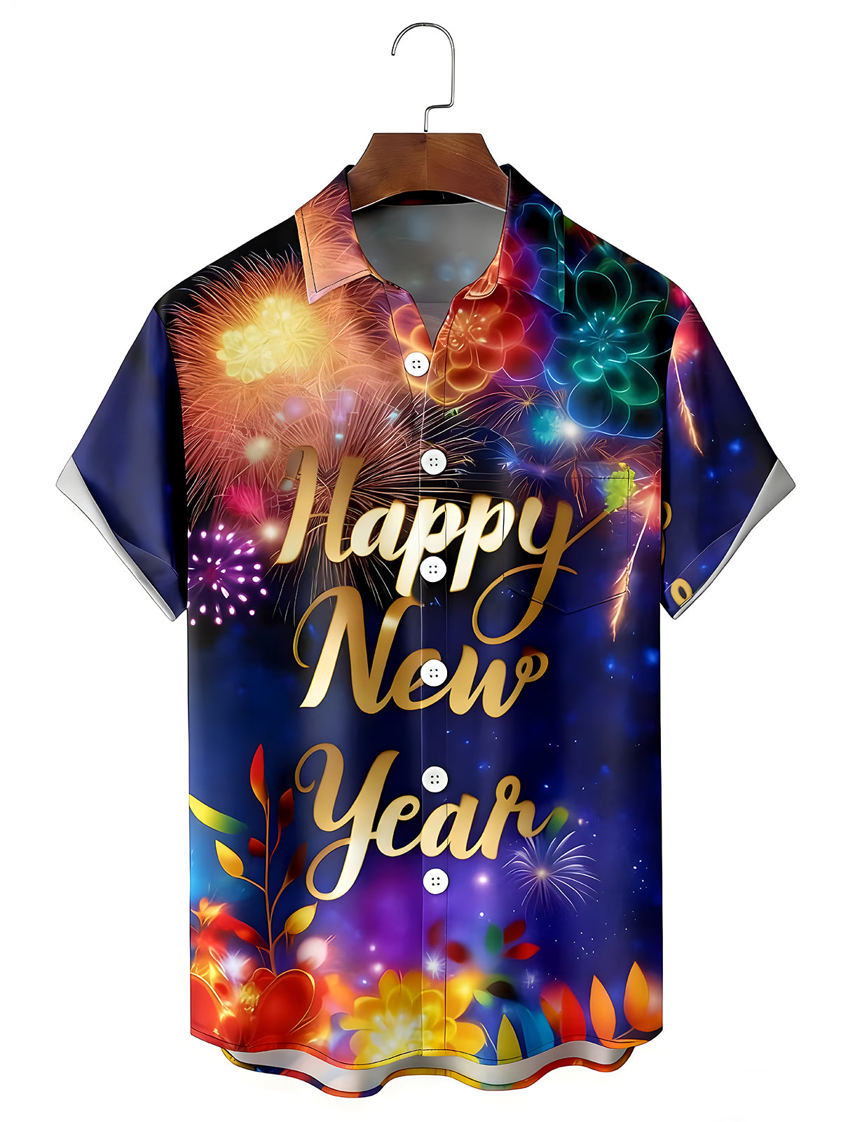New Year Floral Men's Pocket Short Sleeve Shirts