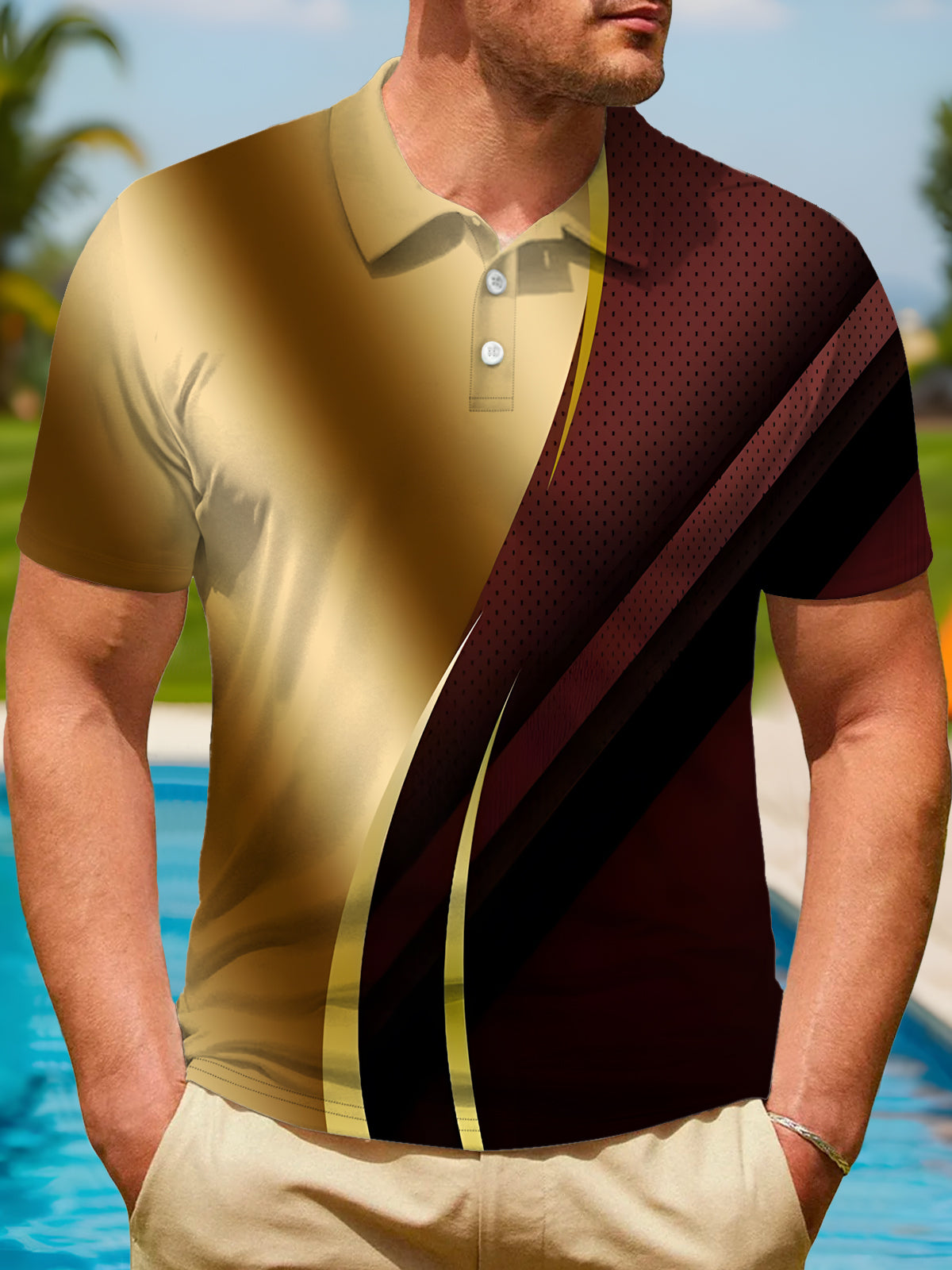 Gradient Geometric Print Men's Short Sleeve Button Polo Shirt