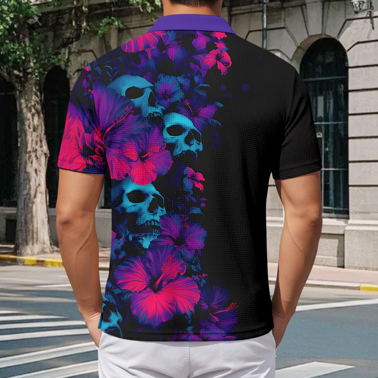 Skull Collared Tee Shirt for Men Waffle Floral Summer Short Sleeve Fashion Button Graphic Tee Shirt for Beach consistent