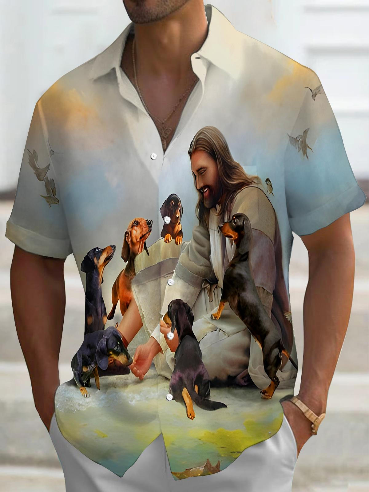 Religious Jesus Puppy Interactive Men's Pocket Short Sleeve Shirts